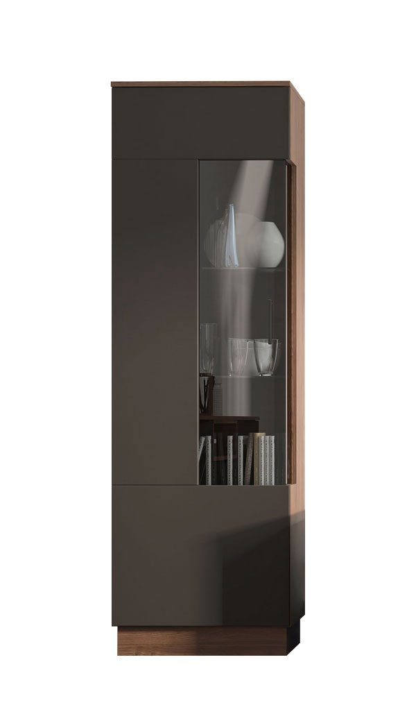 Feldmann-Wohnen Vitrine Alicante (mit Griff aus Metall, ohne Beleuchtung, mit Soft-Close-Funktion, 1-St., mit 1 Tür, mit 2 Glaseinlegeböden, mit 3 Holzeinlegeböden) 60cm walnussfarben / schwarzgrau Türanschlag links