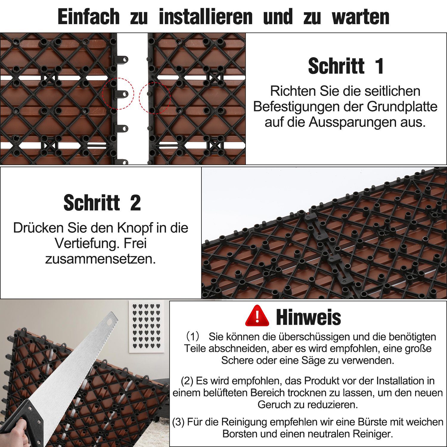 Gimisgu Holzfliesen in Holzfliesen Braun Drainage Klicksystem Balkon, 30x30cm und mit Terrassenfliesen Bodenbelag 1m² für Holzoptik Garten