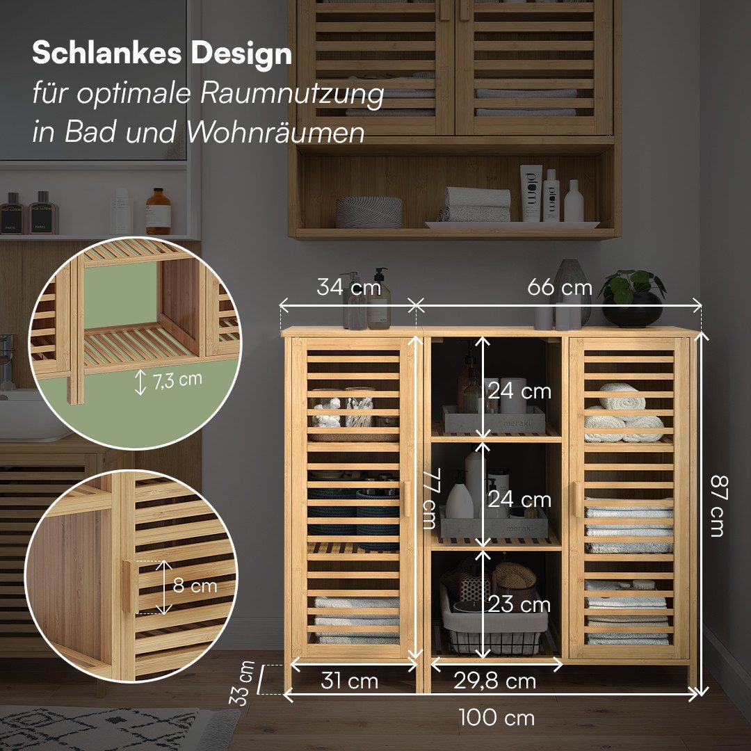 Bellamio Hochschrank Newa aus Bambus, Badezimmerschrank mit Ablage, lackiert (9 Fächer) Badezimmerschrank 100×33×87cm, verfügbar in verschiedenen Ausführungen