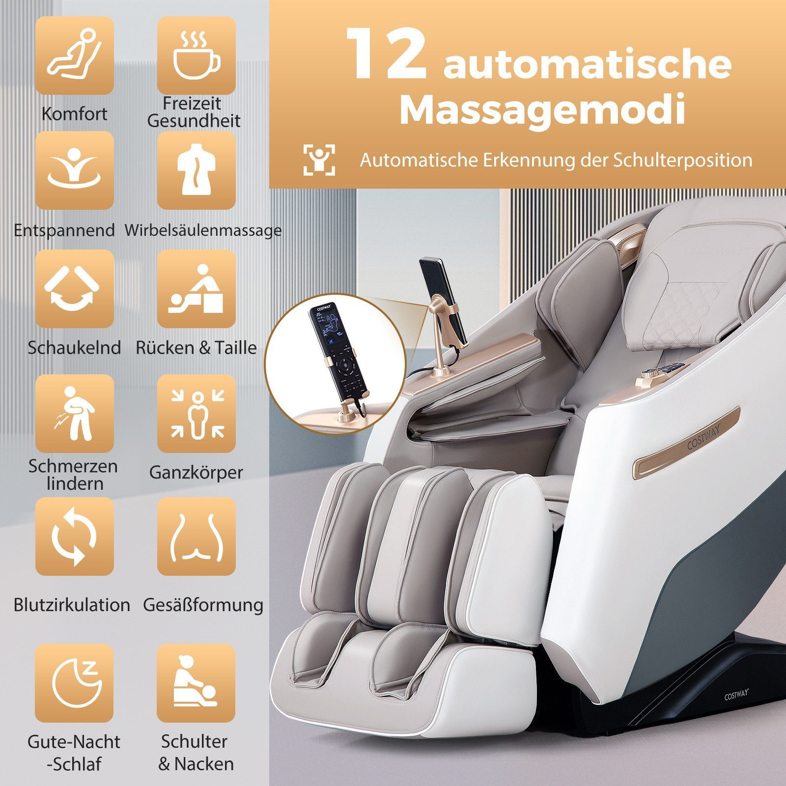 COSTWAY Massagesessel mit Wärme-&Liegefunktion, Bluetooth Zero Gravity
