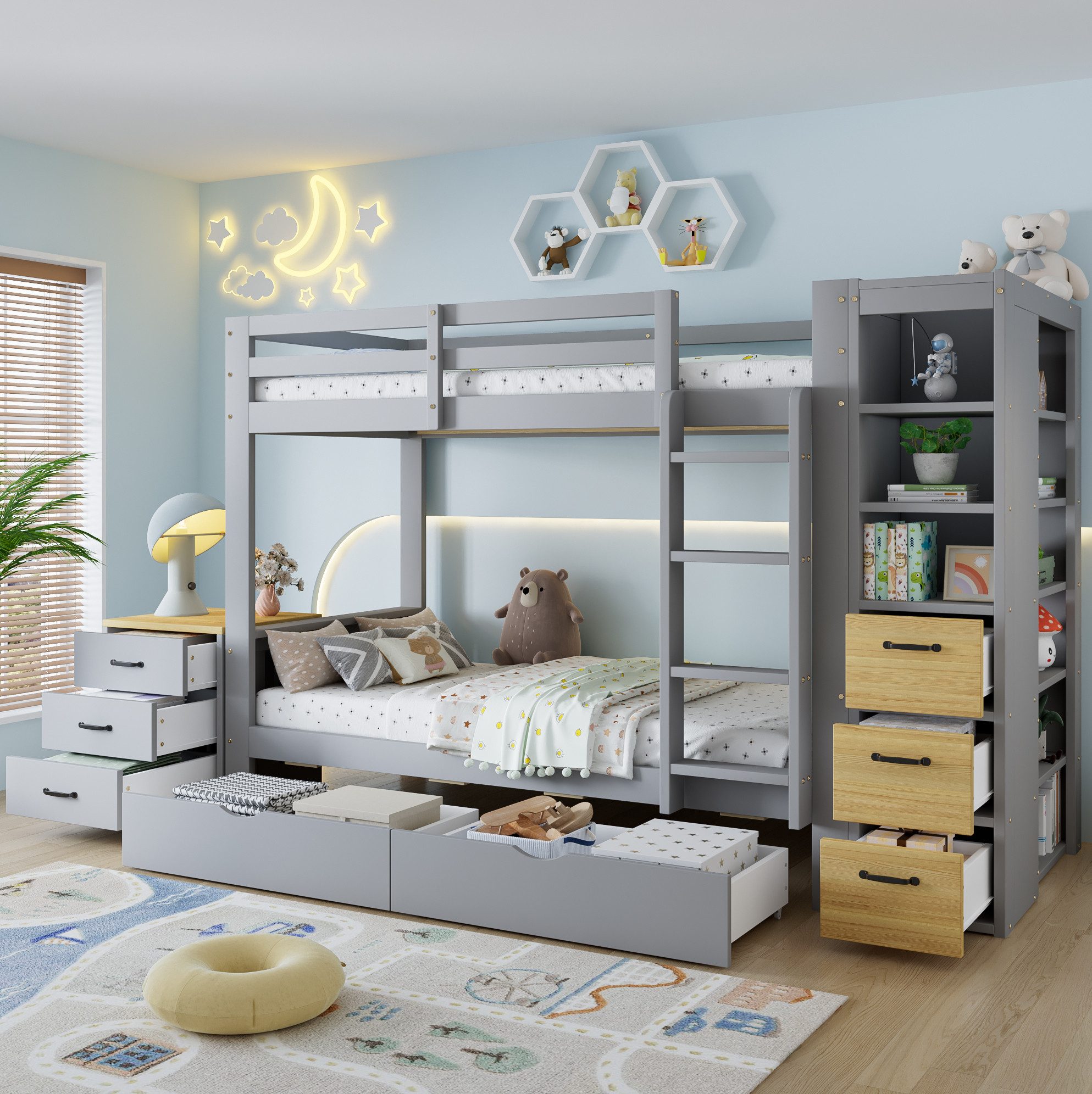 REDOM Etagenbett Kinderbett mit integriertem Stauraum, zwei Bettboxen, Stauraumbett (Holzbett 90x200 cm, mit Ablageregal, Schubladen und mobiler Nachttisch, Funktionsbett Jugendbett), ohne Matratze