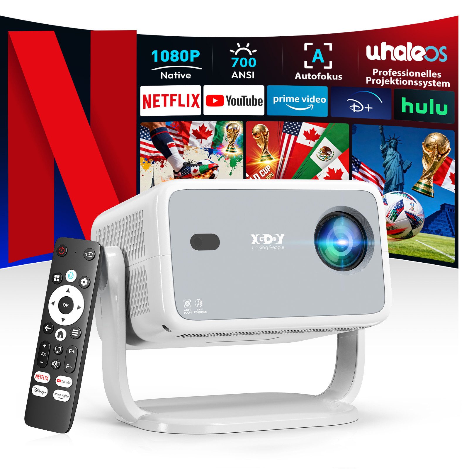 XGODY N6 Projektor, natives 1080P Beamer 4K Mit Netflix Zertifizierung Beamer (3840 x 2160 px (700 ANSI) px, KI-Sprachunterstützung, Autofokus Projektor für Heimkino)