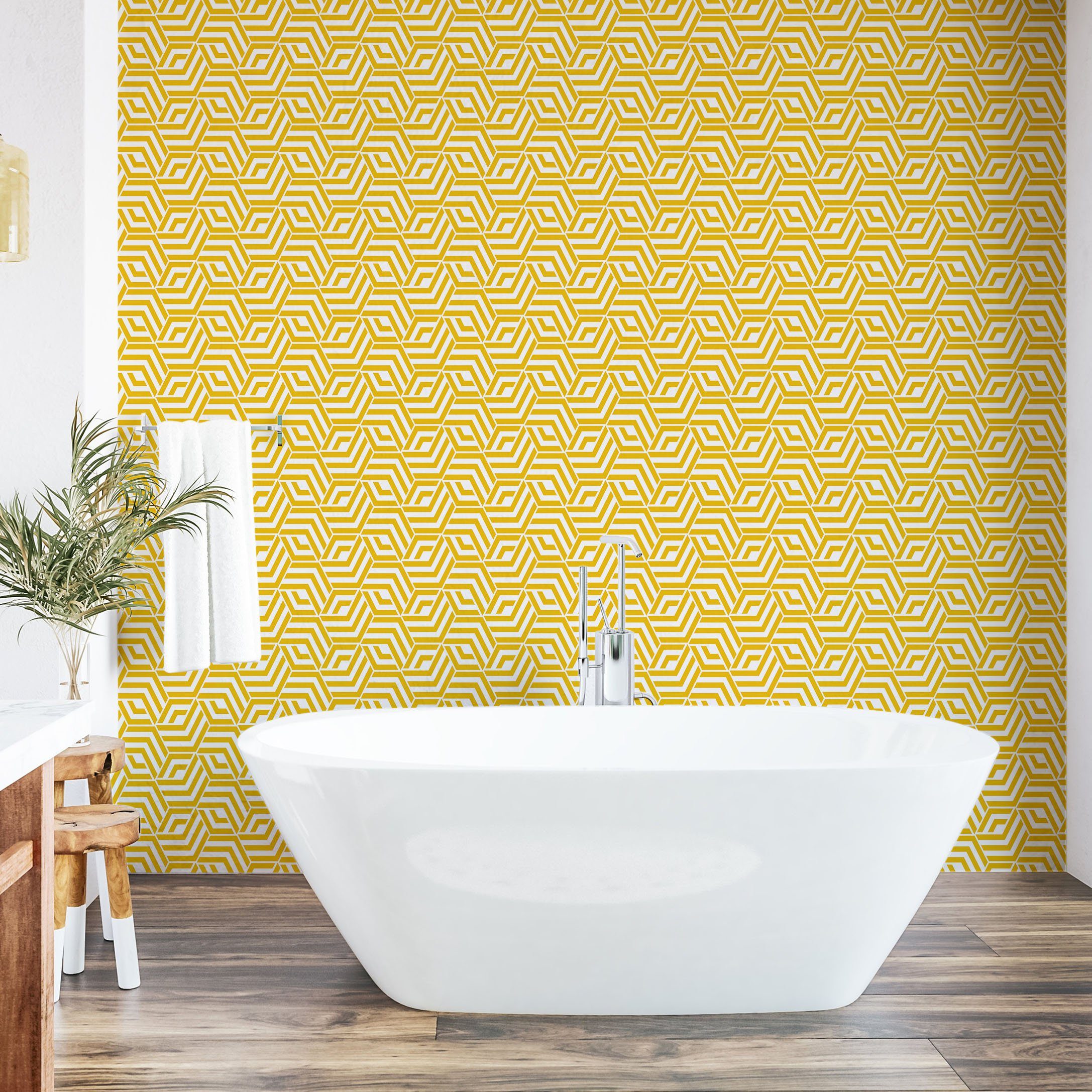 Abakuhaus Vinyltapete selbstklebendes Küchenakzent, Hexagons Wohnzimmer Yellow Chevron Gitter
