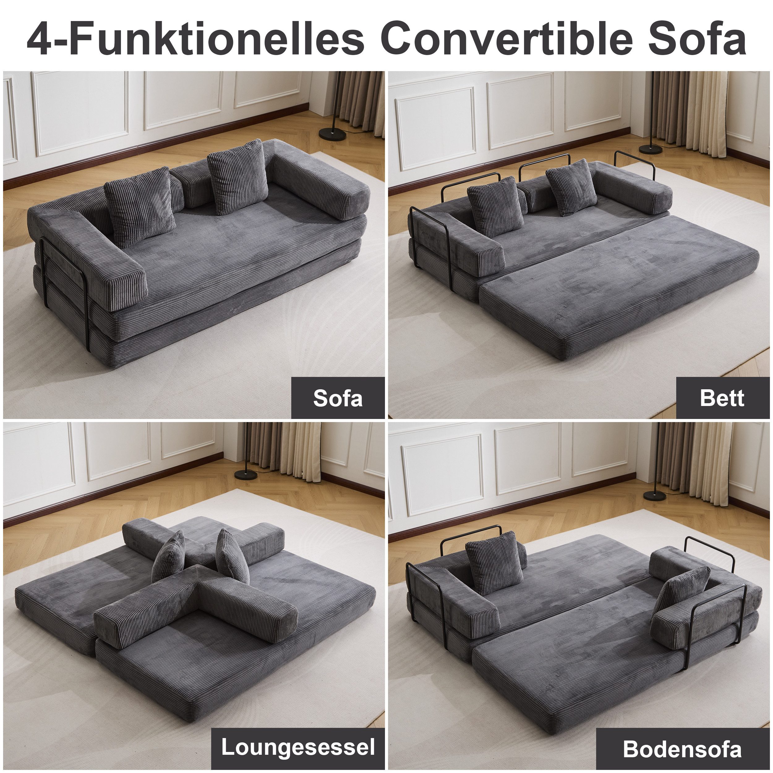 Vankel Loungesofa Faltbares Schlafsofa, bequemes Cord Bodensofa für kleine Räume, 4-in-1 Klappsofa für Wohnzimmer, Schlafzimmer, Büro oder Gäste