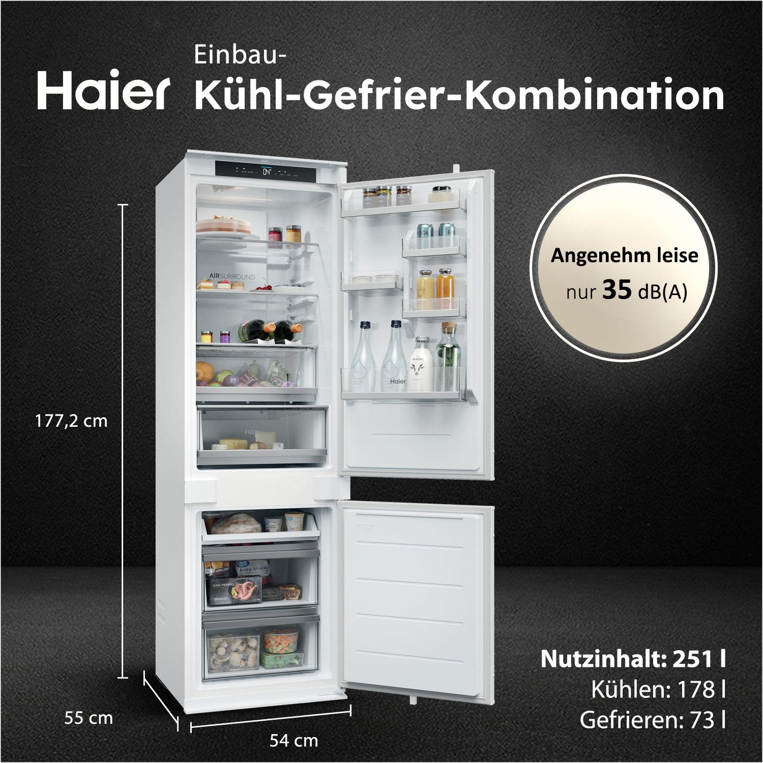 Haier Einbaukühlgefrierkombination ID Titanium 2 HBQW5518E, 177,2 cm hoch, 54 cm breit, Humidity Zone: Obst, Gemüse und Salat 2x länger frisch halten
