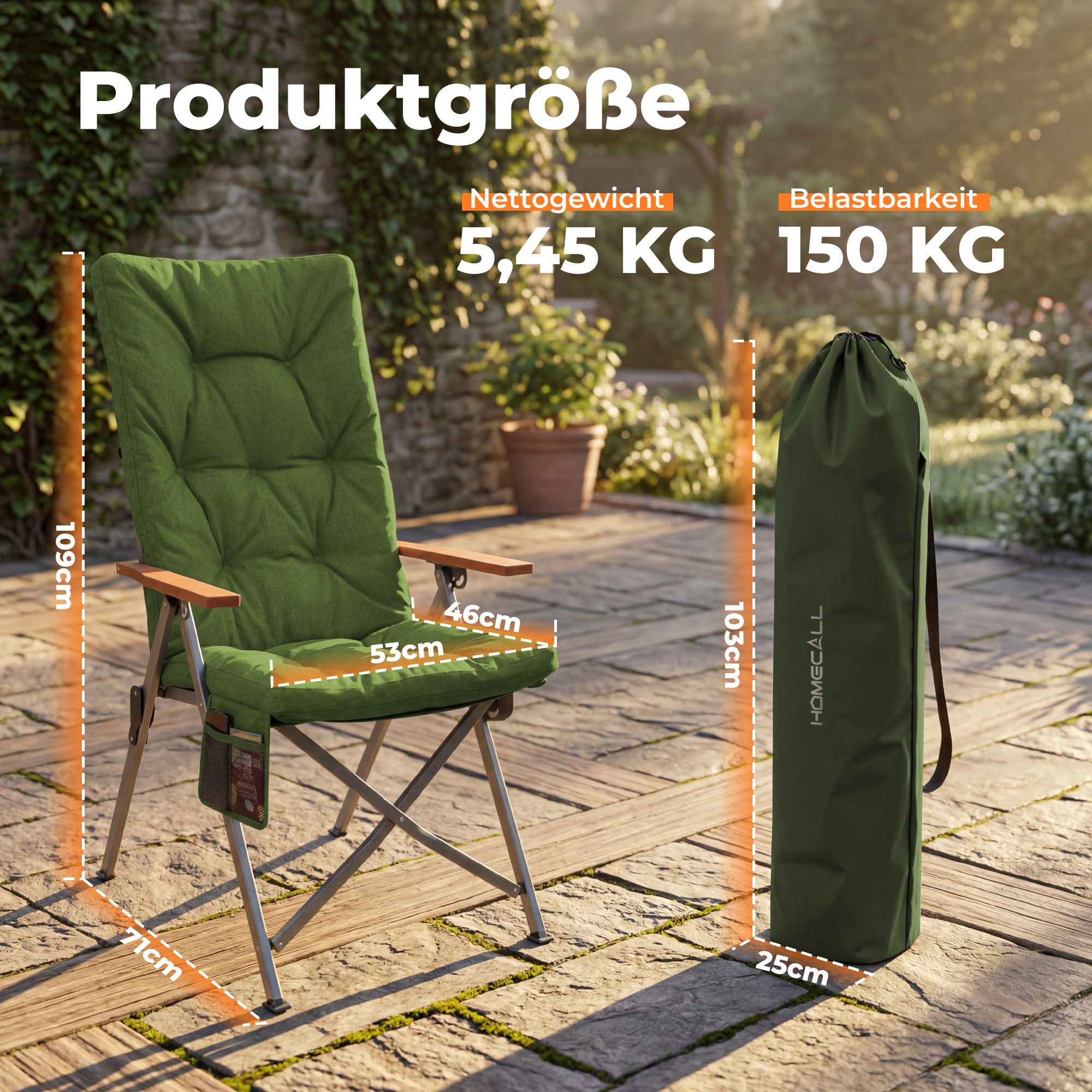 HOMECALL Campingstuhl Faltbar Hochlehner Luxus Klappstuhl mit 4,5cm Dicke Gepolstert (150kg Belastbar mit 4 Positionen Verstellbar Angelstuhl, 1 St), für Garten Balkon Wohnmobil