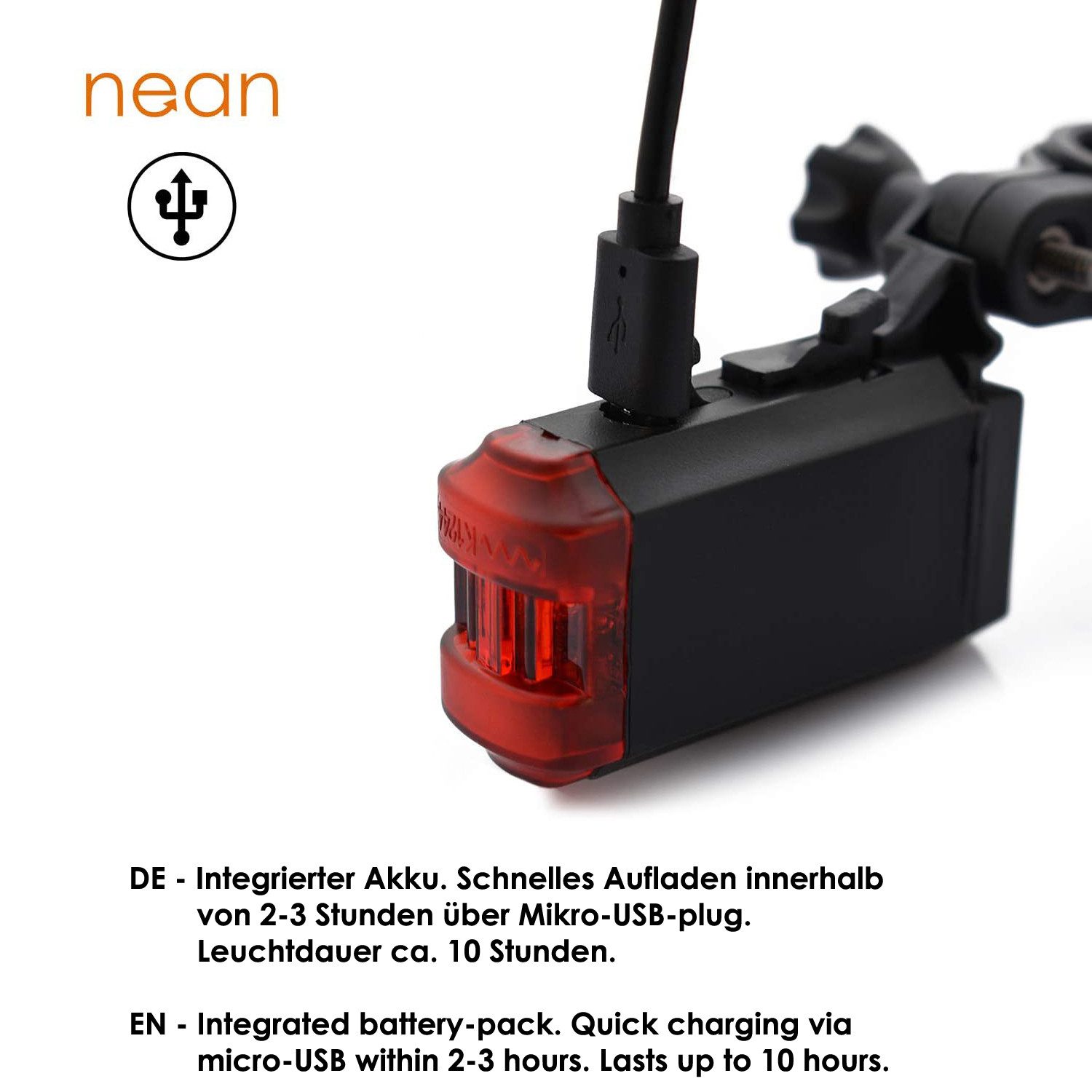 nean Fahrrad-Rücklicht mit Akku und StVZO-Zulassung, 8 Candela, mit Halterung, abnehmbar