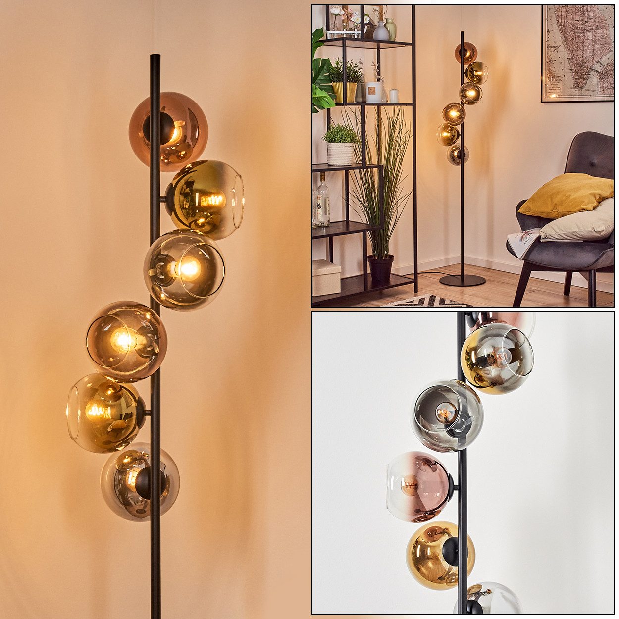 hofstein Stehlampe Stehlampe aus Metall/Glas in Schwarz/Kupfer/Chrom/Rauch/Gold/Klar, ohne Leuchtmittel, Stehleuchte im Retro/Vintage-Design, Fußschalter, 160 cm, 6 x E14