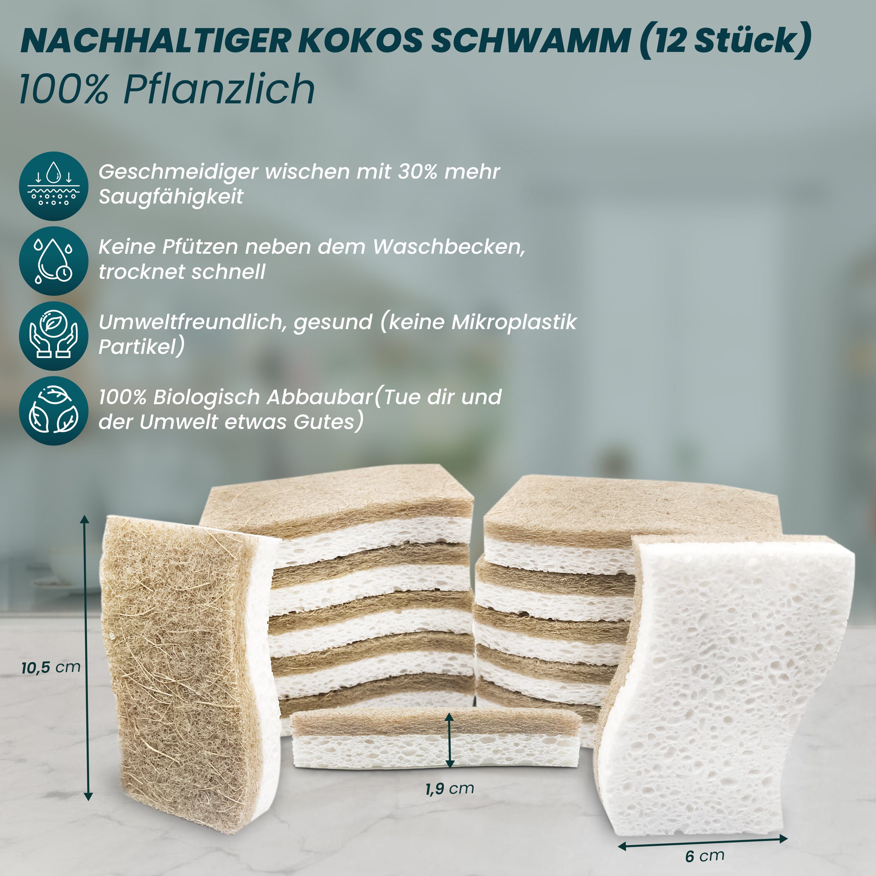 ZUKUNFTSENKEL Geschirrschwamm Nachhaltiger Spülschwamm Küchen Schwamm 100% Biologisch Abbaubar, Doppelpack 2x 12 Stück