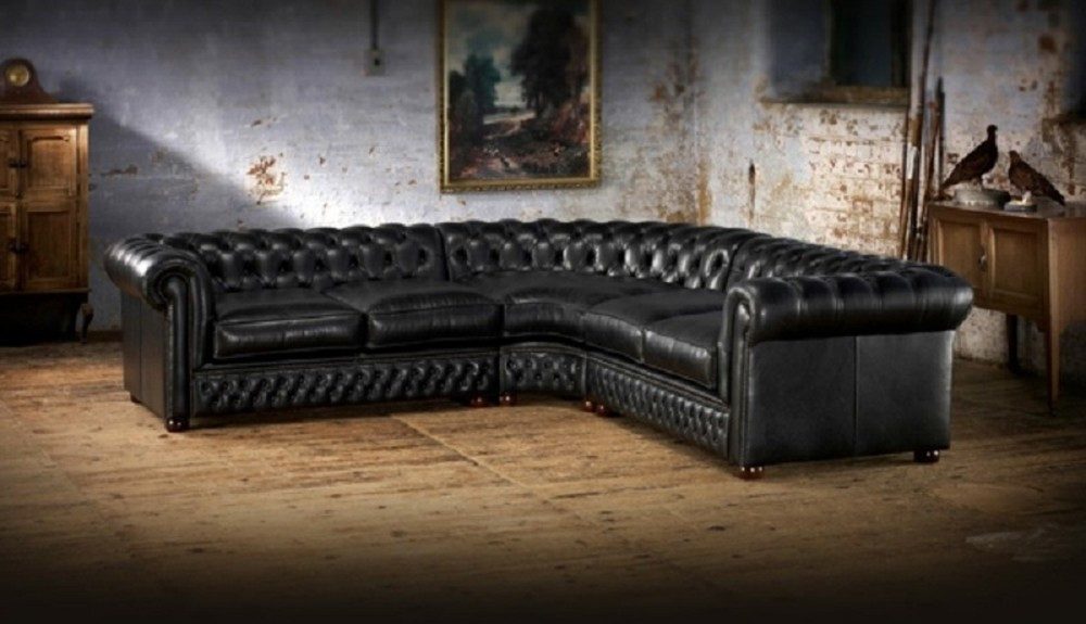 JVmoebel Ecksofa Chesterfield Eckcouch aus schwarzem Echtleder mit Holzfüßen, Made in Europa