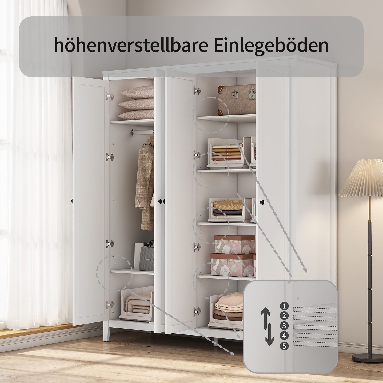 OTTO home Kleiderschrank Borkum Sideboard Anrichte mit 6 Schubladen Landhaus weiß (schwarze Griffe aus Metall) Schlafzimmerschrank mit 6 Böden und Kleiderstange – Bild 5 von 5
