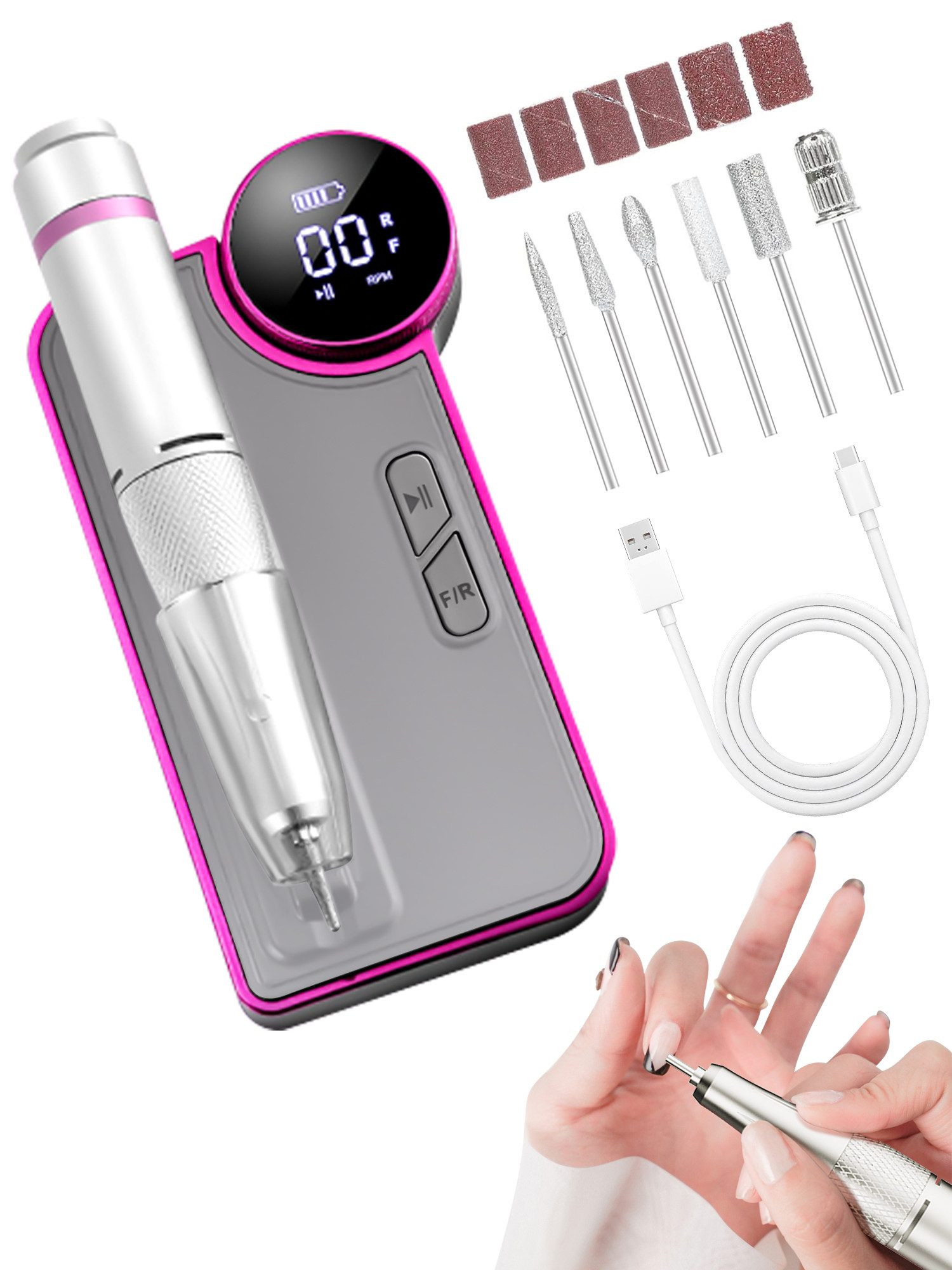 KNKA Maniküre-Pediküre-Set Nagelfräser 35000U/min,12 Nagelfeile-Bits und Schleifbänder, Elektrisch Nagelfräser Wiederaufladbar Für gepflegte Hände und Füße