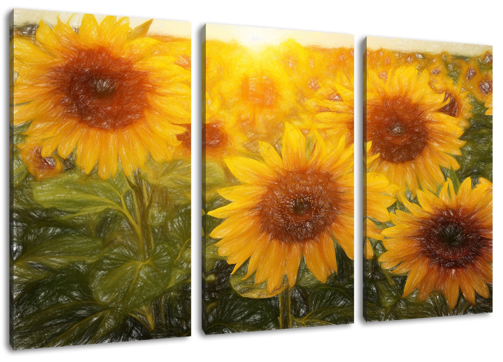 Pixxprint Leinwandbild Sonnenblumen auf dem Feld, Sonnenblumen auf dem Feld 3Teiler (120x80cm) (1 St), Leinwandbild fertig bespannt, inkl. Zackenaufhänger