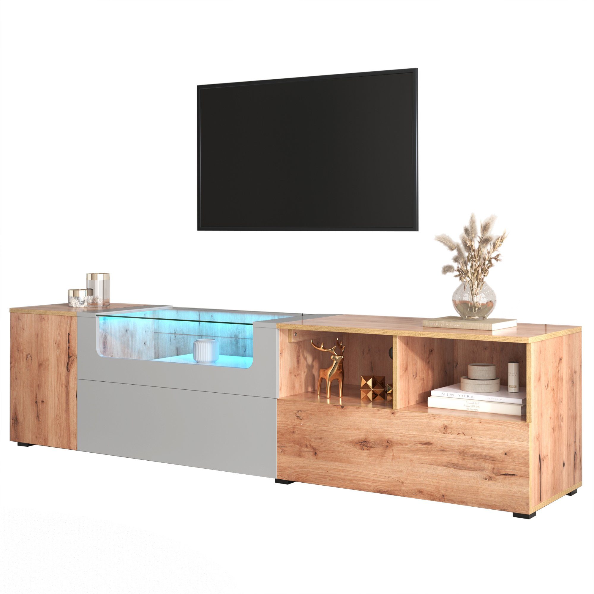 WISHDOR Lowboard TV- Mit farbwechselnden Türen. (Breite:190cm), mit und LED-Leuchten Glasplatte und Schrank Grau Fächern