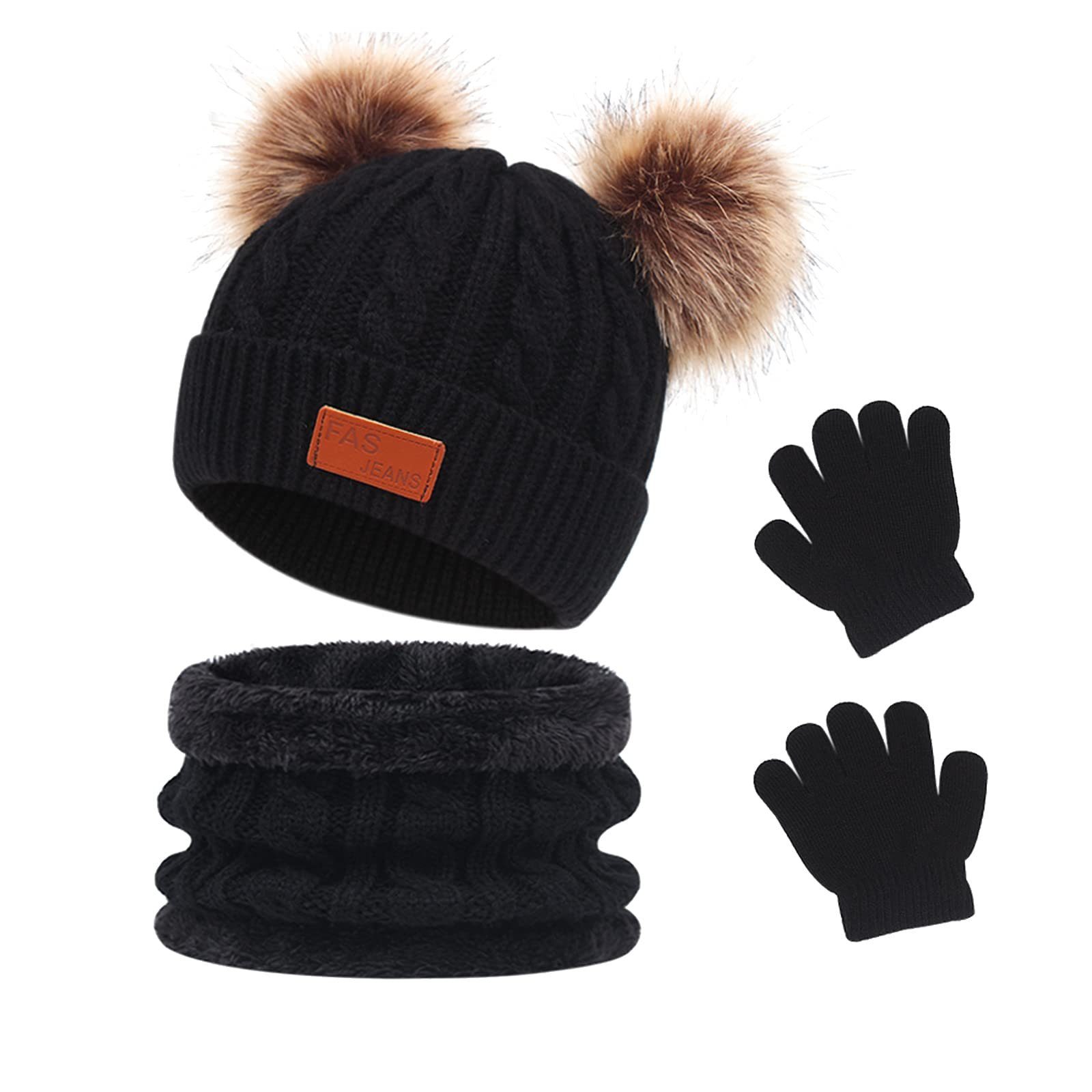 POCHUMIDUU Strickmütze Kinder-Wintermütze-Schal-Handschuh-Set (1-St., mit Fleece Futter und Fell Bobbl) für Kinder-Jungen-Mädchen 1-5 Jahre dunkel