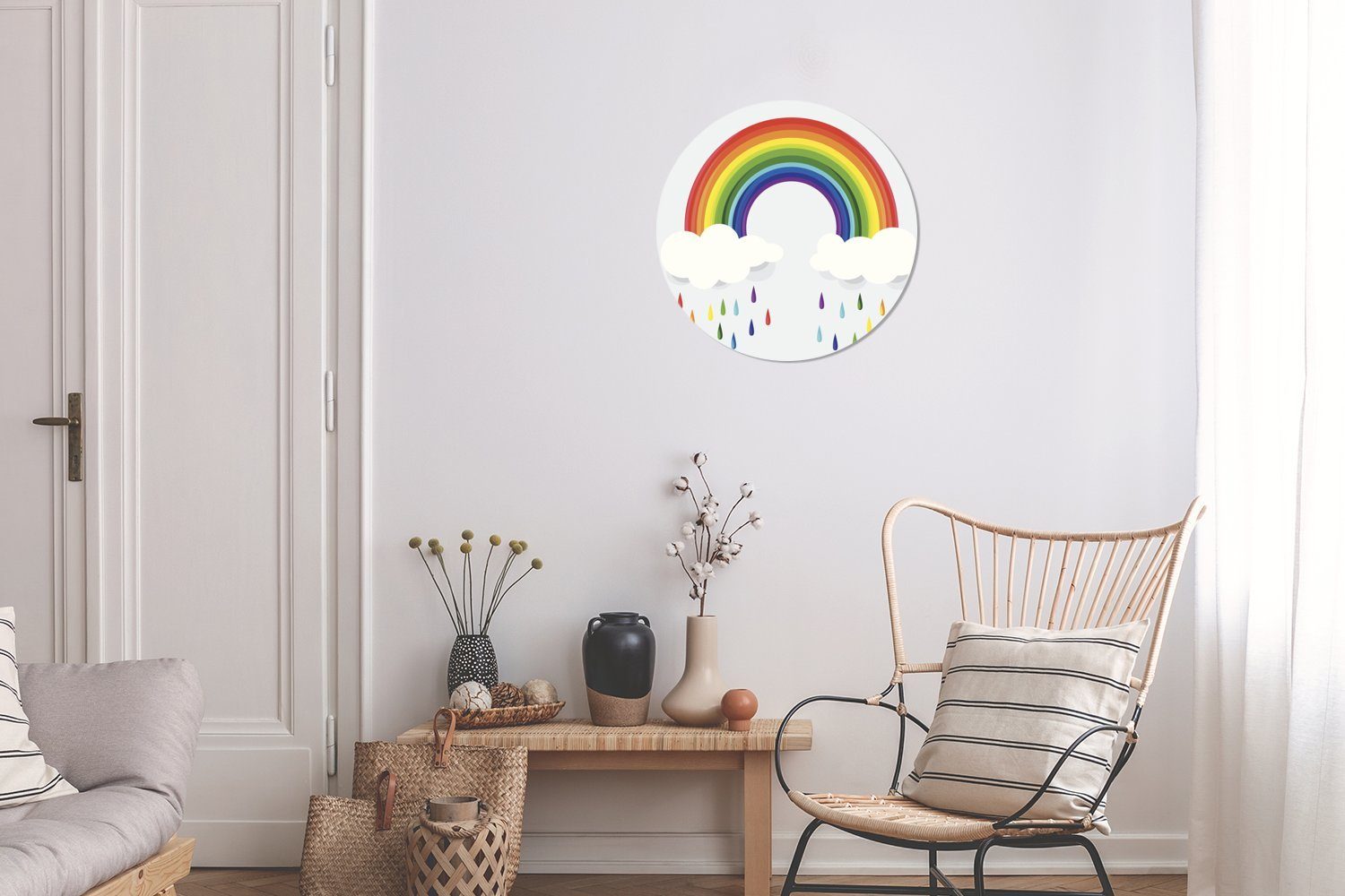 Eine MuchoWow St), Rund, Regenbogentropfen für Wohnzimmer Kinderzimmer, mit eines Wolken Tapetenaufkleber, Regenbogens (1 Wandsticker und Tapetenkreis Illustration