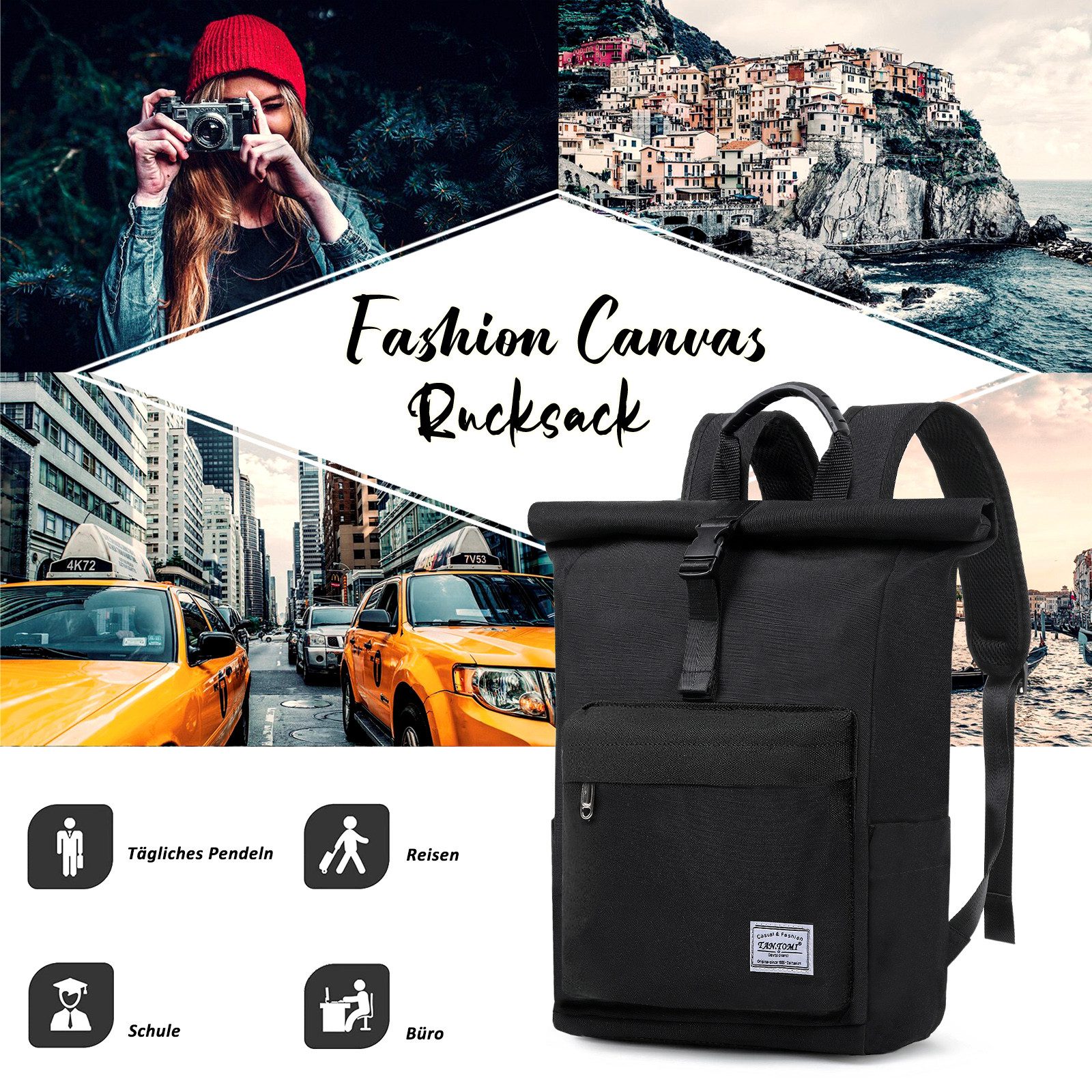 TAN.TOMI Cityrucksack Rolltop Rucksack Damen Herren, Rucksack Laptop Tasche 15,6 Zoll (Damen Herren weit öffenbar, Rolltop Rucksack wasserdicht), Backpack Daypack für Schule,Fahrradfahren,Freizeit und Reise