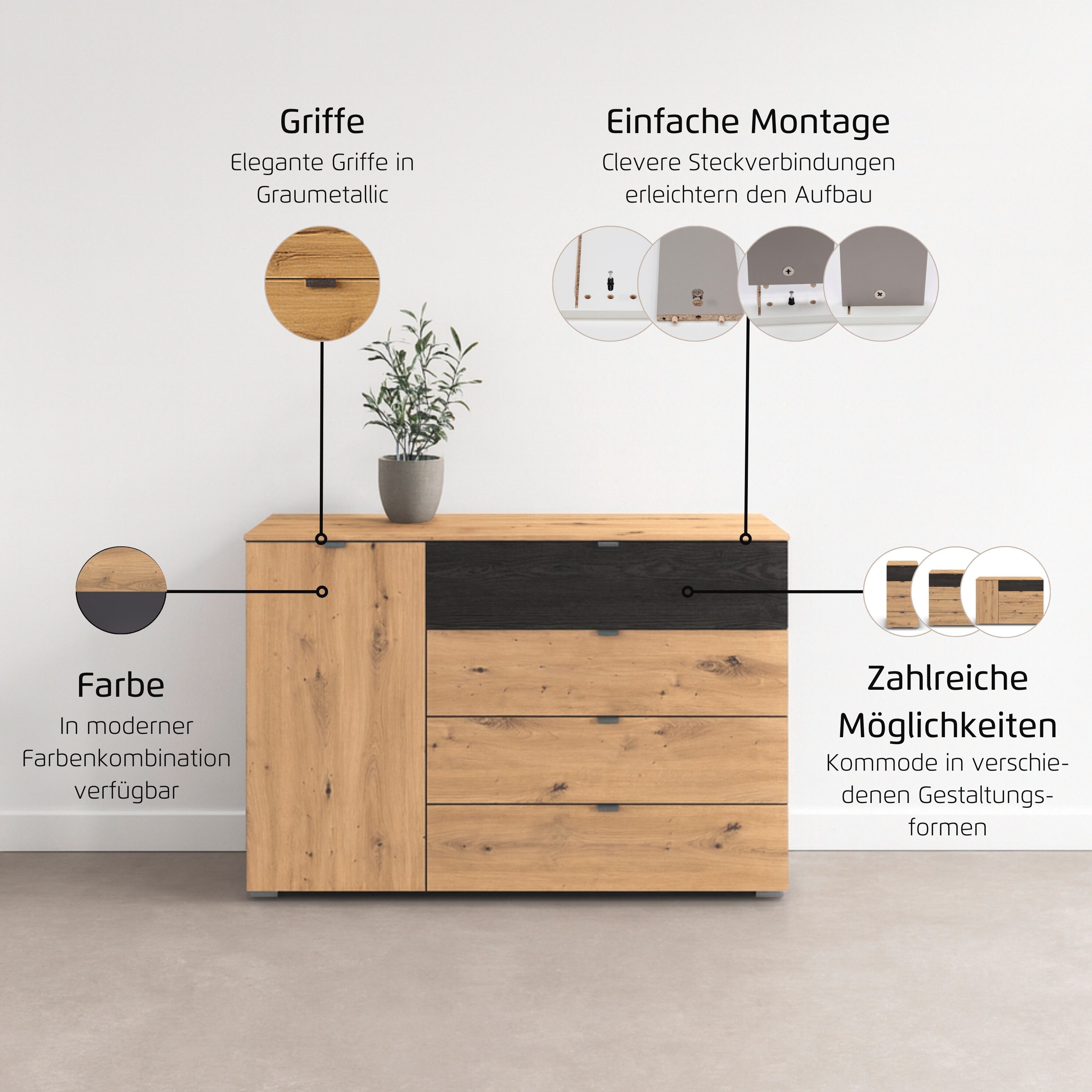 rauch Kombikommode Sideboard Kombikommode Schubladenkommode APOLLON (Breite 120 cm, Höhe 81 cm), 1 Tür, 4 breite Schubladen, Einlegeböden verstellbar MADE IN GERMANY