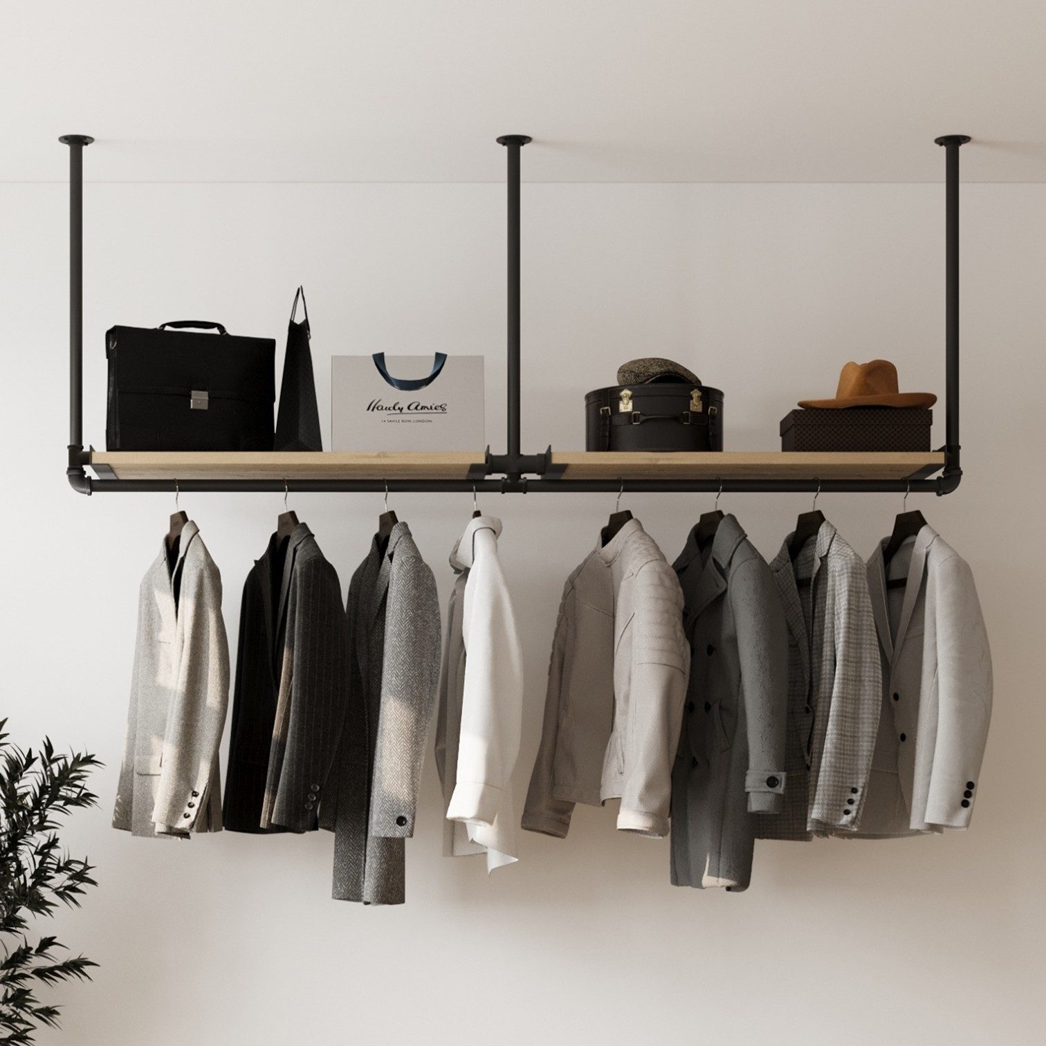 RSR Hangers Garderobenstange Kleiderstange Garderobe "DIEK II" mit Kiefernholablage Deckenmontage