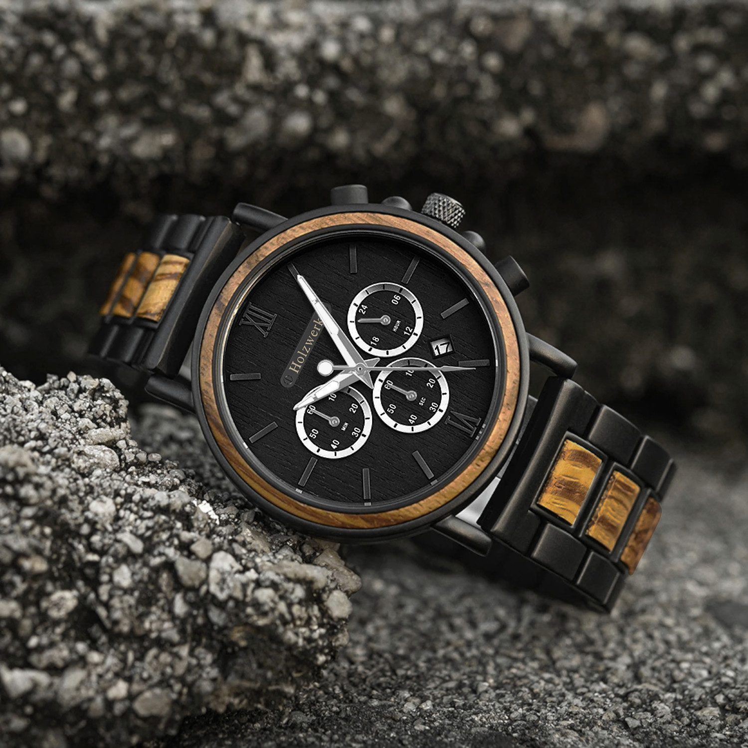Holzwerk Chronograph Herren Designer Edelstahl & Holz Armband Uhr mit Datum, (inklusive Armbandkürzer), Holz Unikate, ideal auch als Geschenk, Quarzuhrwerk