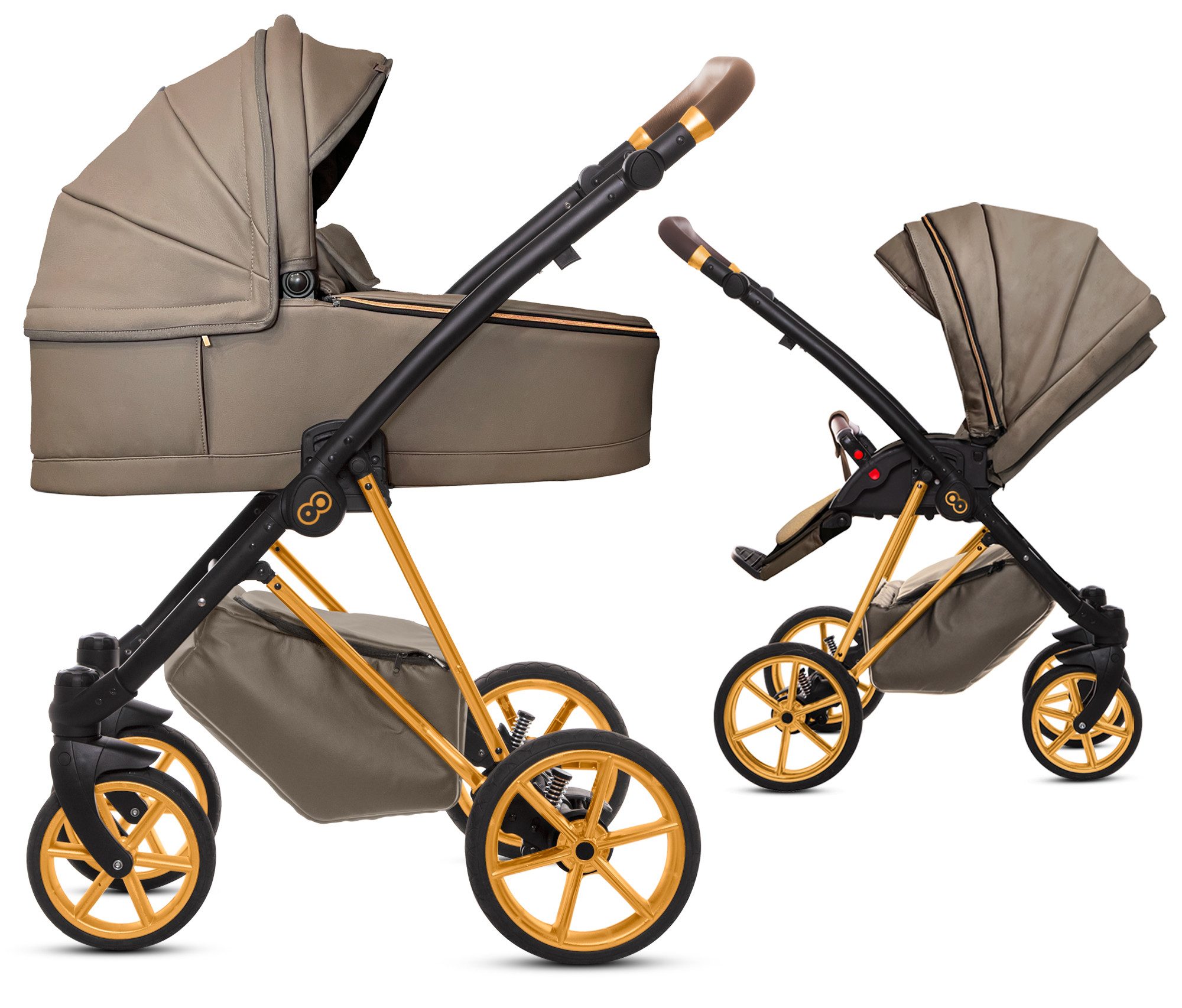 TPFFamily Kombi-Kinderwagen 2in1 Musse Royal, Baby Buggy Babywanne 5-Punkt-Sicherheitsgurt, Zubehör-Set Kinderwagen 2 in 1 Kunstleder Grau, Gestell Gold