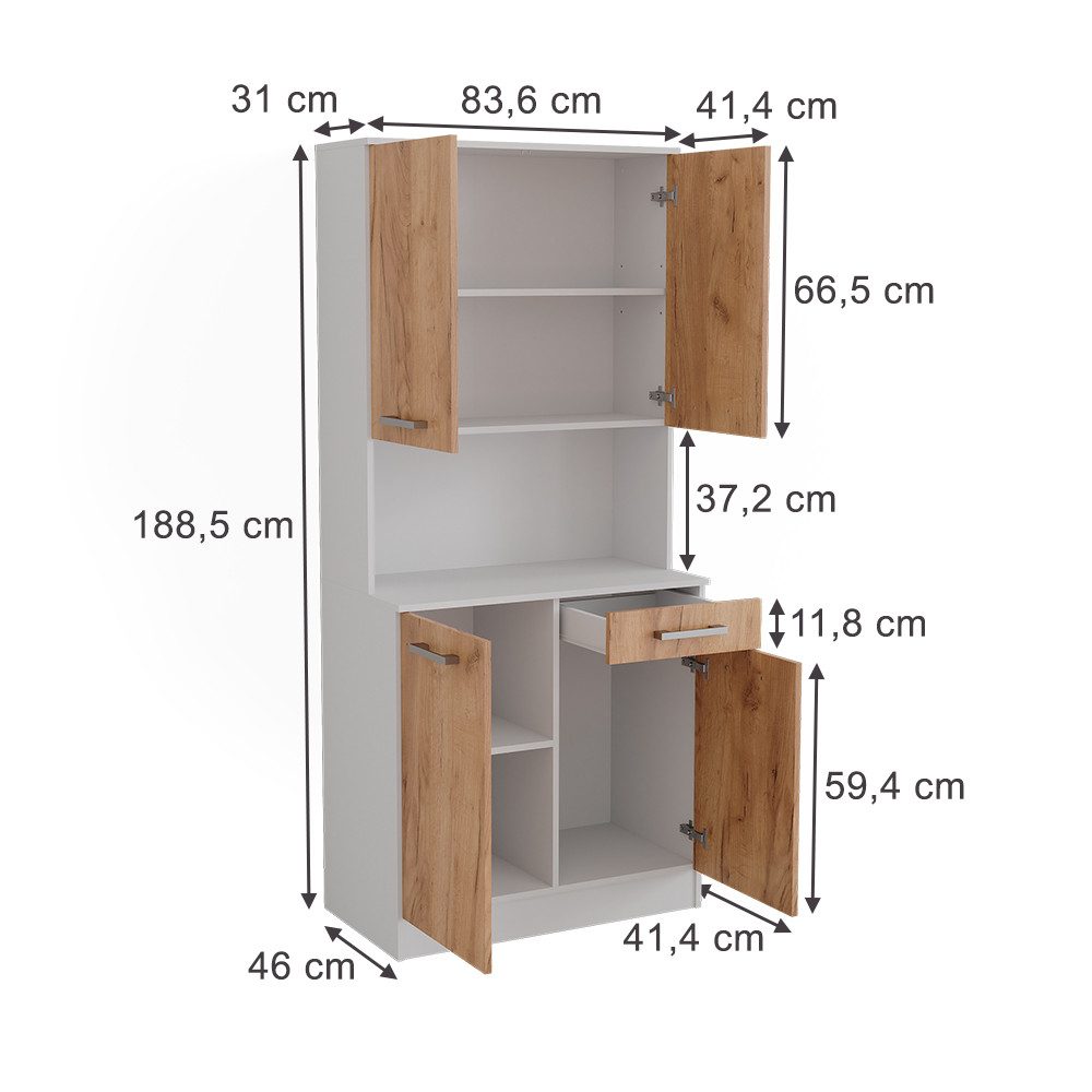 Vicco Hochschrank Raul, Weiß/Goldkraft Eiche/Goldkraft Eiche, 83.6 x 188.5 cm mit 4 ... (1-St)