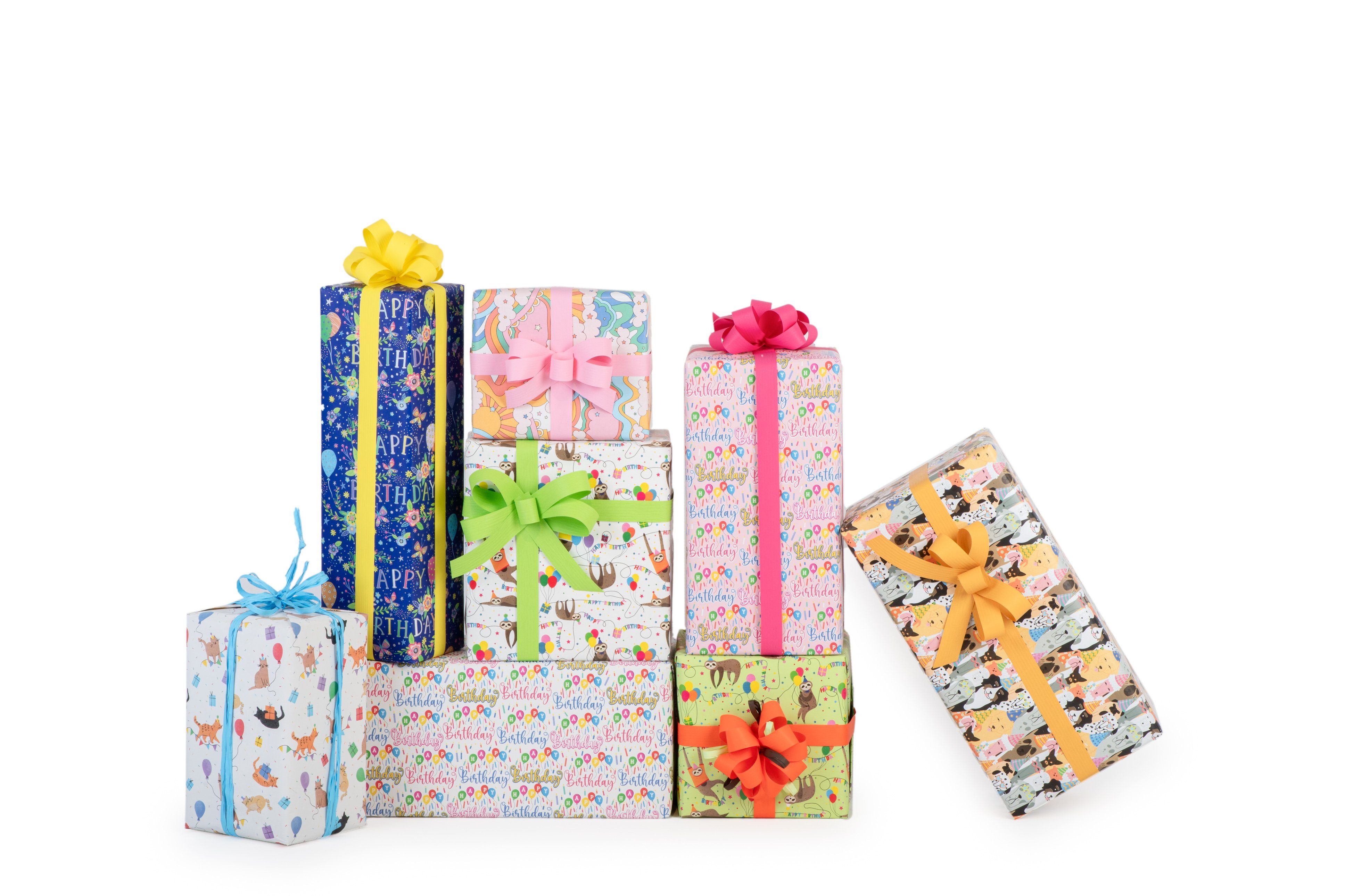Star Geschenkpapier, Geschenkpapier Happy Birthday mit Faultier Motiv 70cm x 2m Rolle Bunt