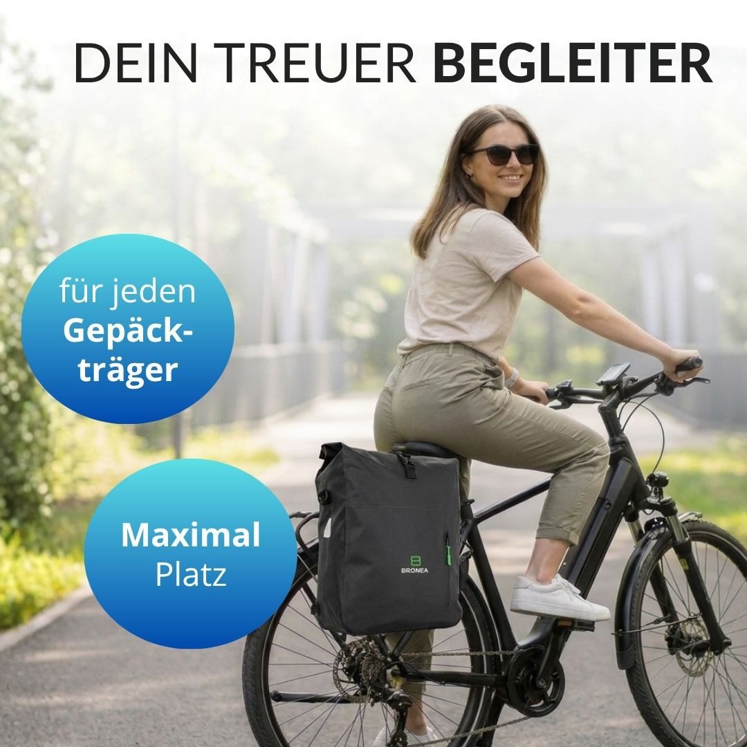 Bronea Fahrradtasche 3-in-1 Wasserdicht - 28L - SCHWARZ - Kombi Rucksack & Umhängetasche (Schnellmontage an Gepäckträger, integrierte Laptoptasche), Diamond-Struktur Laptoptasche 100% Wasserdicht Reflektierende Elemente