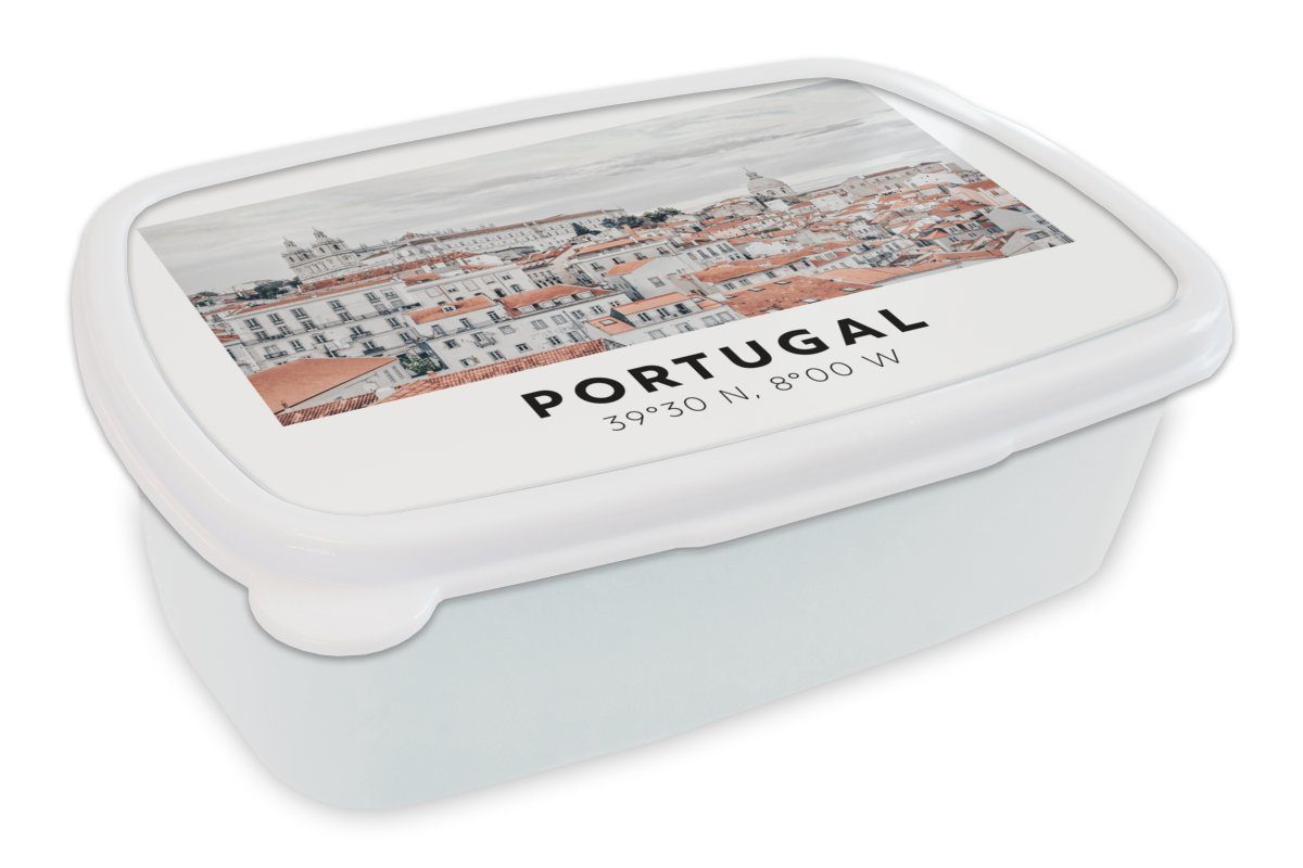 MuchoWow Lunchbox Portugal - Europa - Rot - Silhouette, Kunststoff, (2-tlg), Brotbox für Kinder und Erwachsene, Brotdose, für Jungs und Mädchen weiß