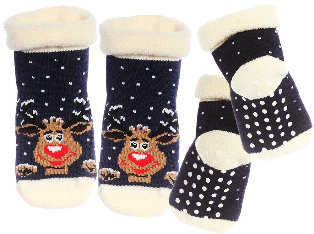 Martinex Thermosocken Socken für Baby Kleinkinder warme Hüttenschuhe mit Rentier 20 21 23 25 27 29 30 31 33 35 37 mit ABS Noppen, aus Frottee-Stoff