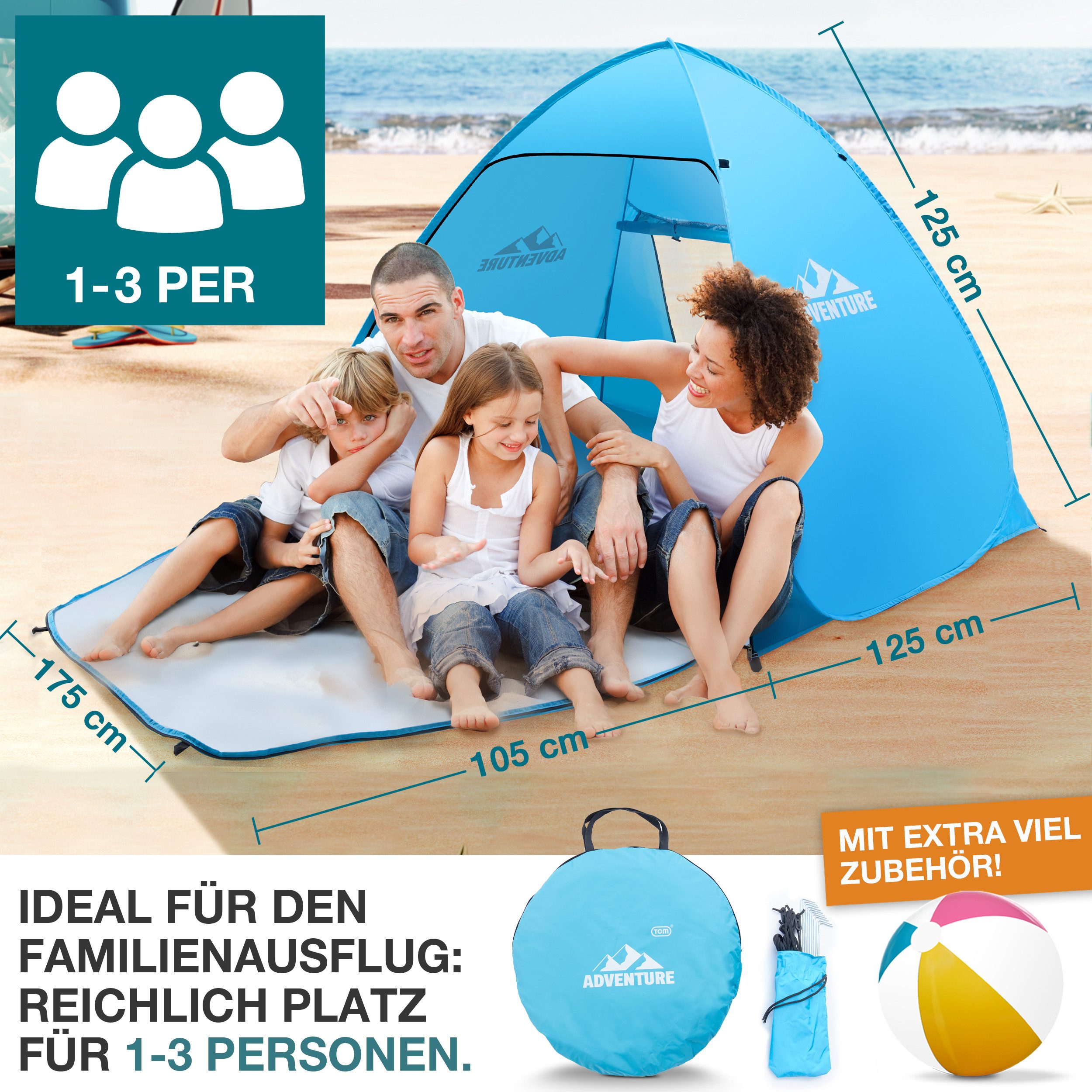 TOM Strandmuschel Pup-Up inklusive Wasserball, Personen: 3, LSF 50+, 190T PU-Gewebe, 230x125x175cm (B x H x T)