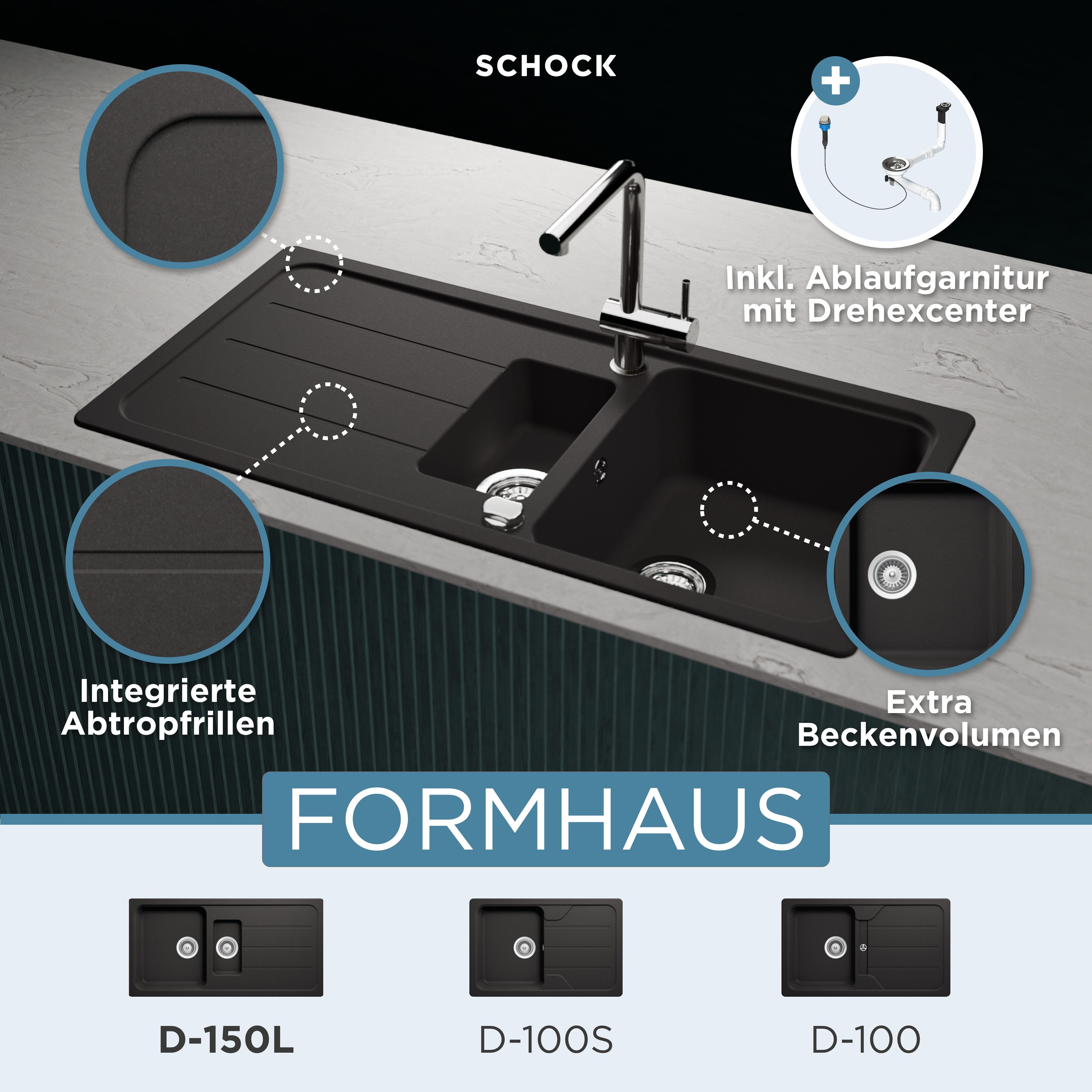 Schock Granitspüle Formhaus, rechteckig, 100/50 cm, mit Restebecken