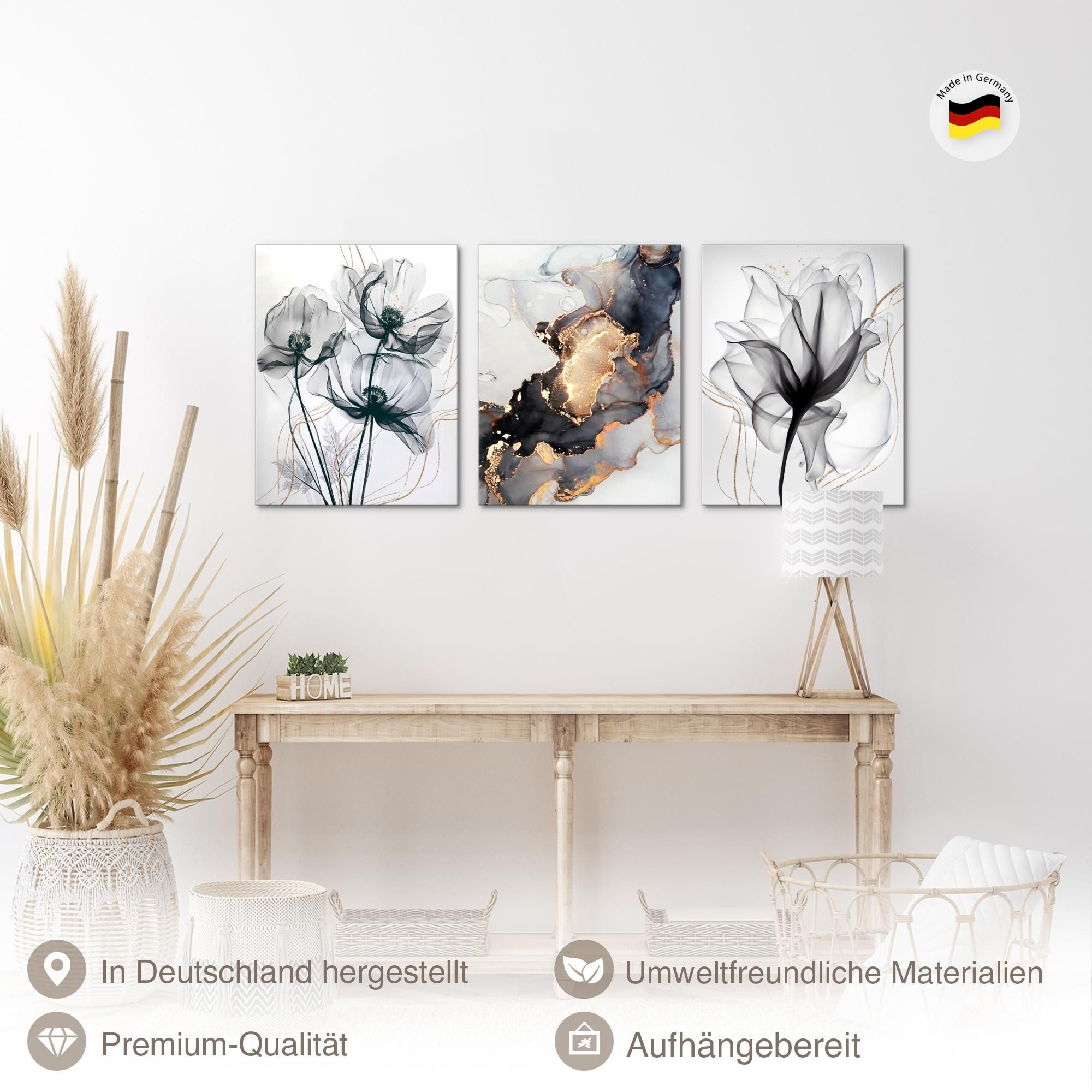 Novart Wandbild Wohnzimmer Blumen Schwarz Abstrakt Feuer, (3 St) – Bild 2 von 5