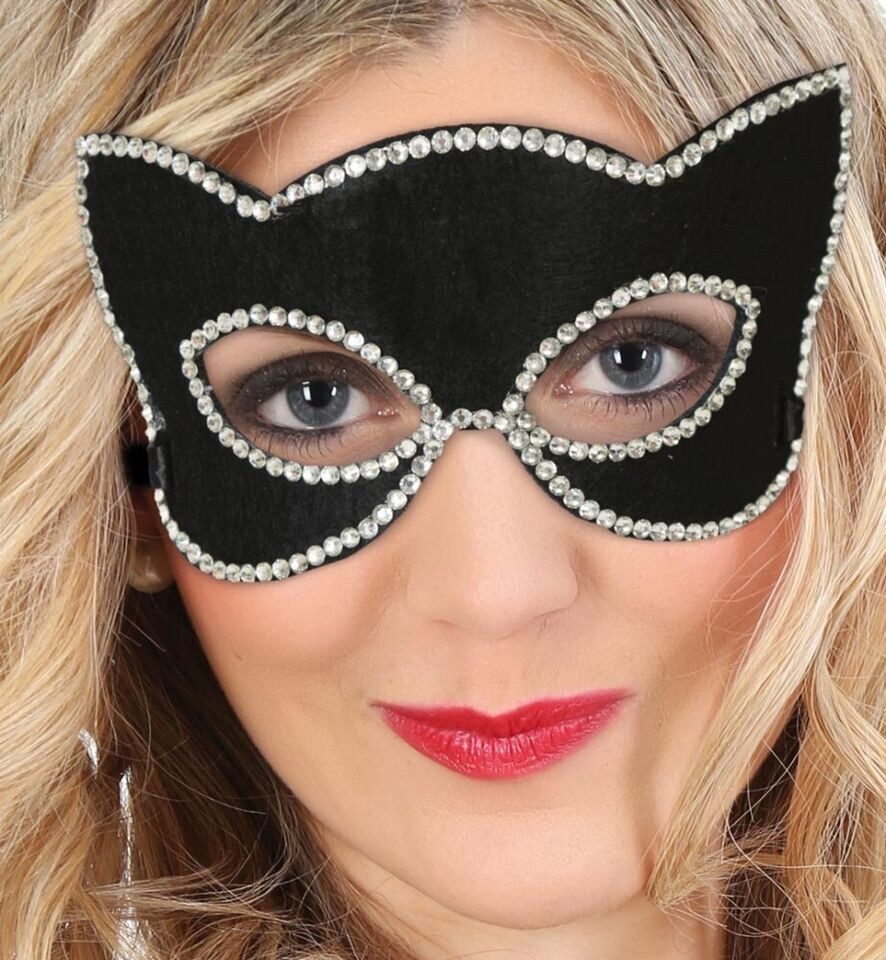 Fries Verkleidungsmaske Domino Katzenlady Katzen Maske Schwarz mit Glitzersteinen Karneval