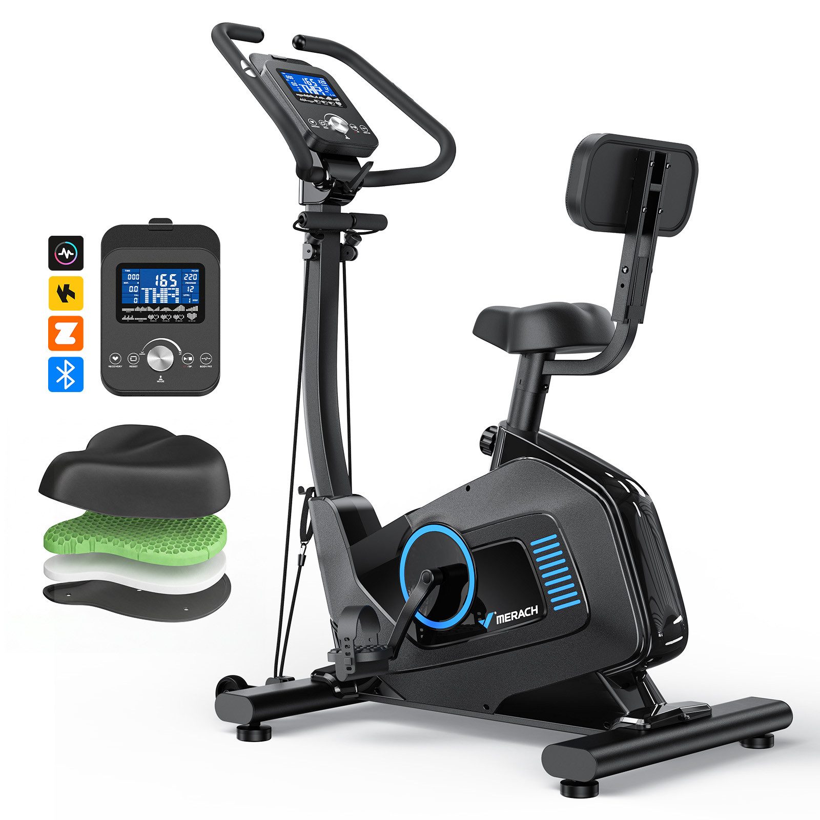 MERACH Heimtrainer mit App-Auto-Widerstand, 16 Stufen & Zugbändern (1-tlg., Sportgeräte, Indoor Bike, Fitnessbikes, Mini Bike), Relax Sattel mit Rückenlehne, tiefer Einstieg, bis 136kg