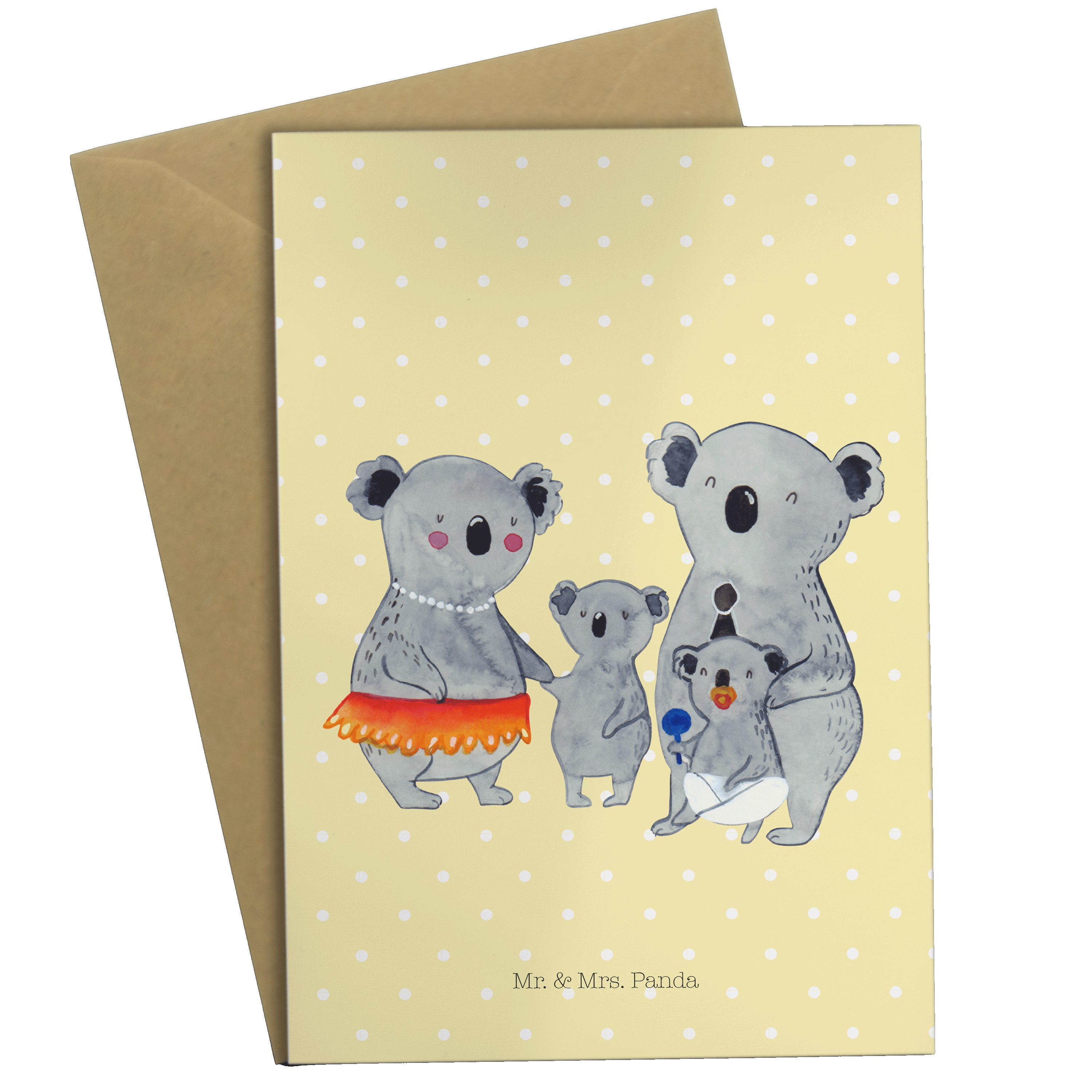 Mr. & Mrs. Panda Grußkarte Koala Familie - Gelb Pastell - Geschenk, Einladungskarte, quality tim