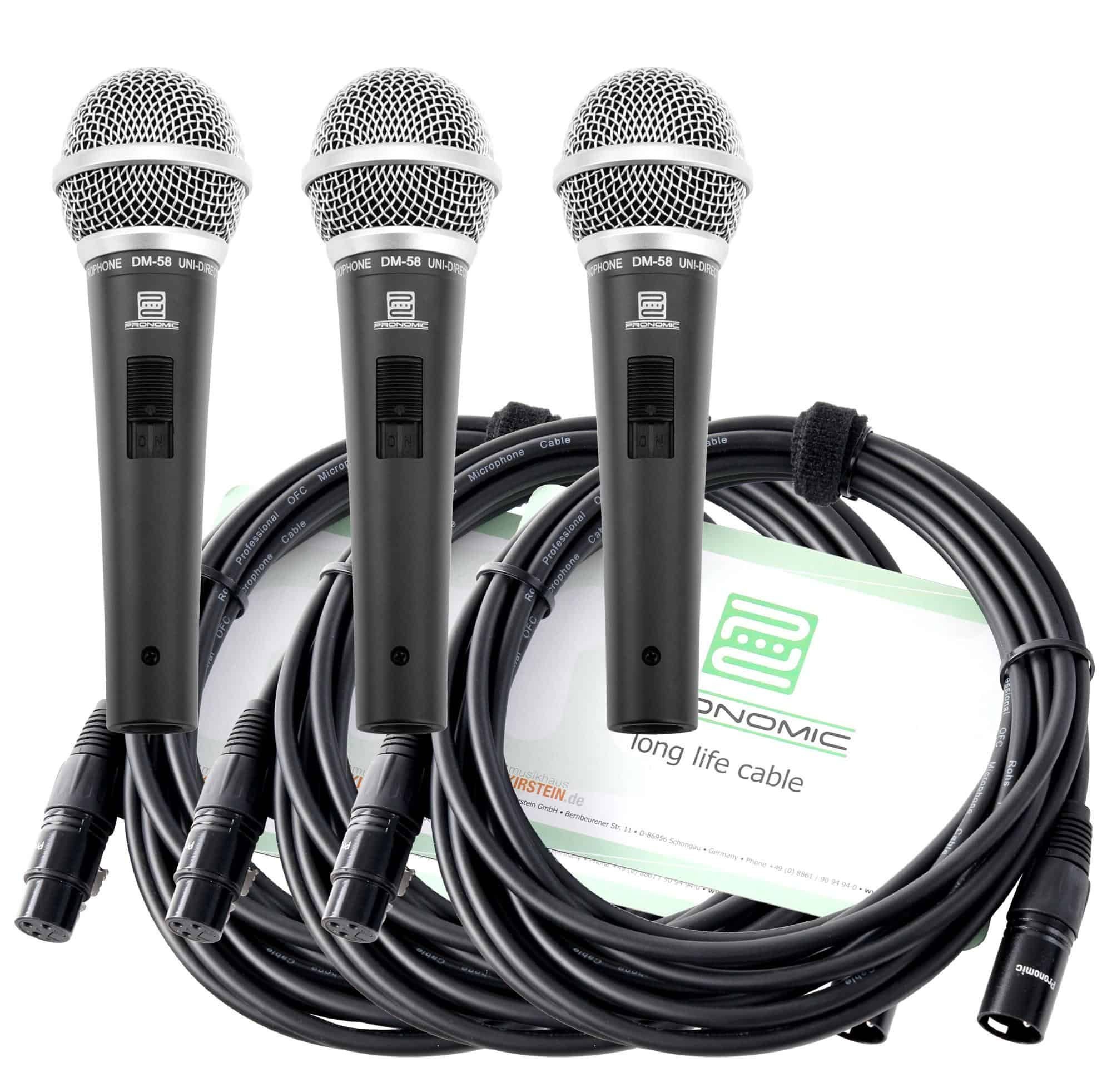 Pronomic Mikrofon DM-58 Dynamisches Gesangs Mikrofon mit Schalter (inkl. 3x Mikrofone und 3x 5m XLR Kabel, 6-tlg), Richtcharakteristik: Superniere