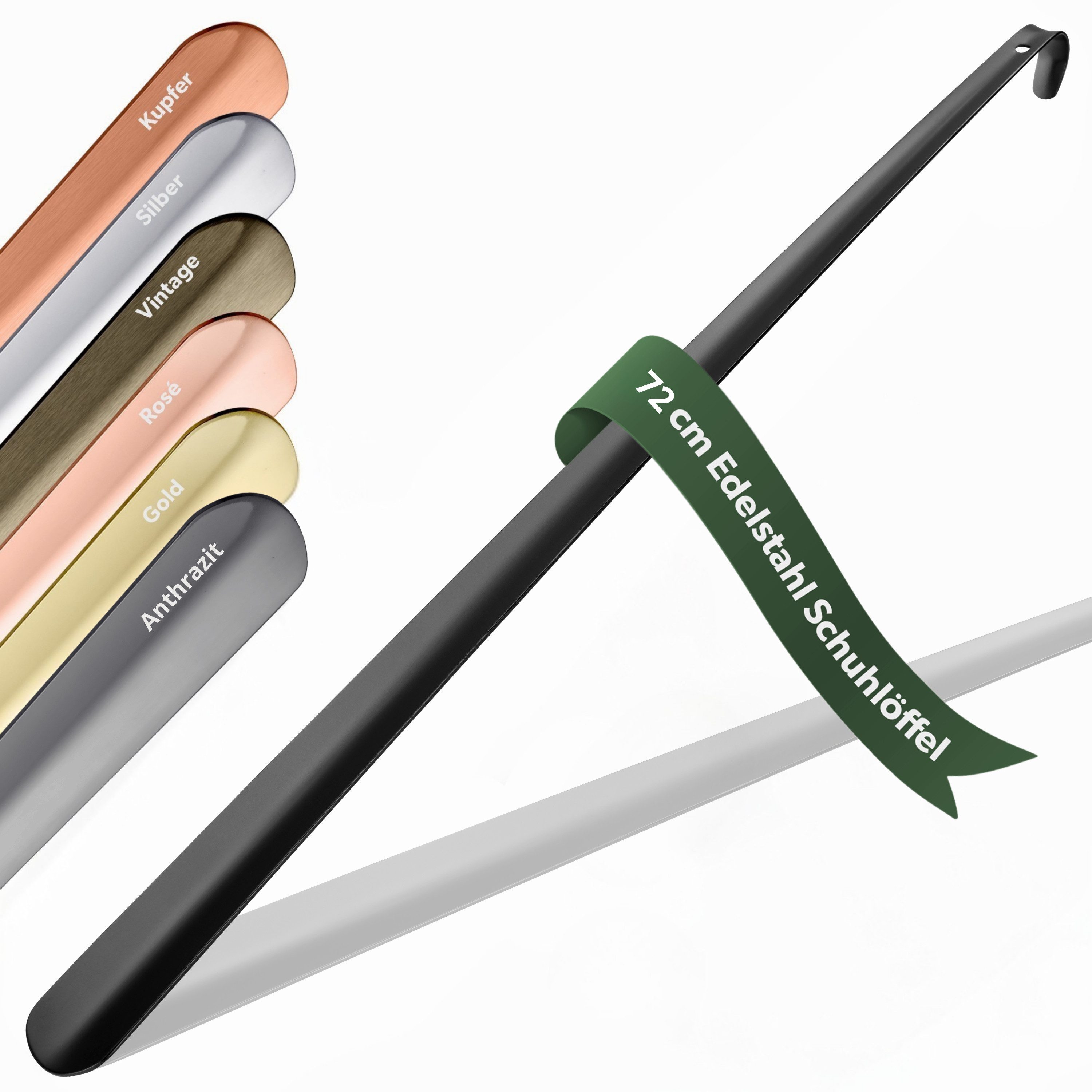 JK Trade Schuhlöffel 72cm Edelstahl Schwarz pulverbeschichtet (1-tlg., extra lang & stabil), Metall Schuhanzieher lang zum Stehen, Aufhängbar, 2mm Extra Stabil