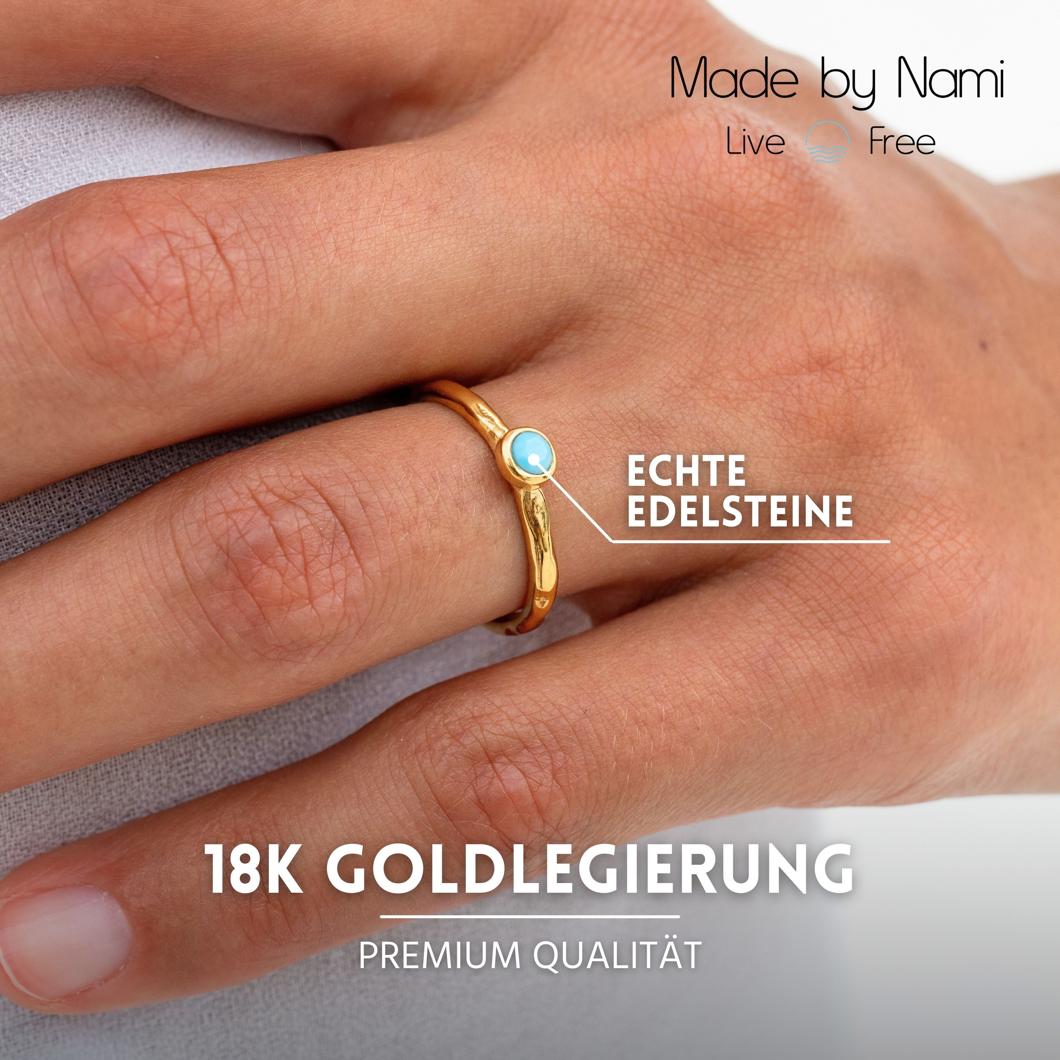 Made by Nami Goldring Damen Ring Gold mit türkisfarbenem Stein verstellbar wasserfest, aus Edelstahl – minimalistisches Design – Boho-Stil – mit Edelstein – Bild 5 von 5