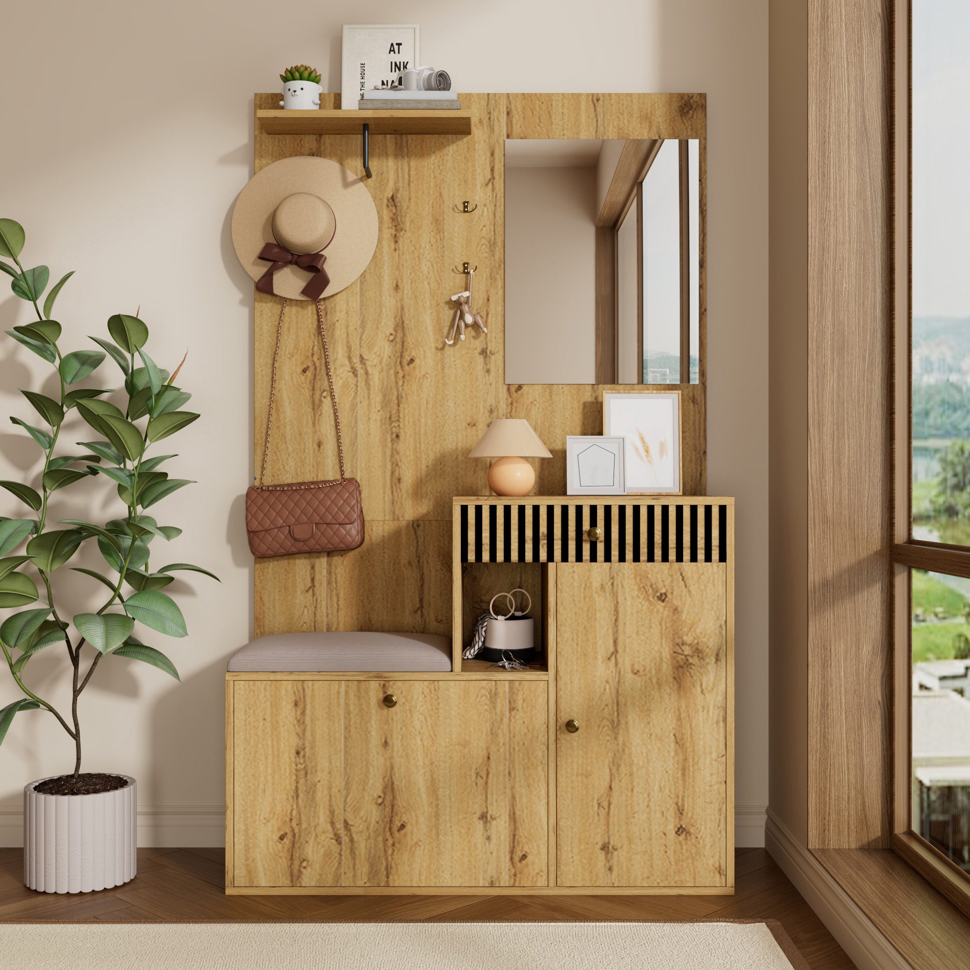 Merax Garderoben-Set mit Spiegel, Schuhschrank & Sitzkissen, (Garderobenkombination Möbelset für Eingangsbereich, 1-St., 110 x 185,5 x 37 cm), Flurgarderobe mit Soft-Close Türen, Regalen, Haken & Schublade
