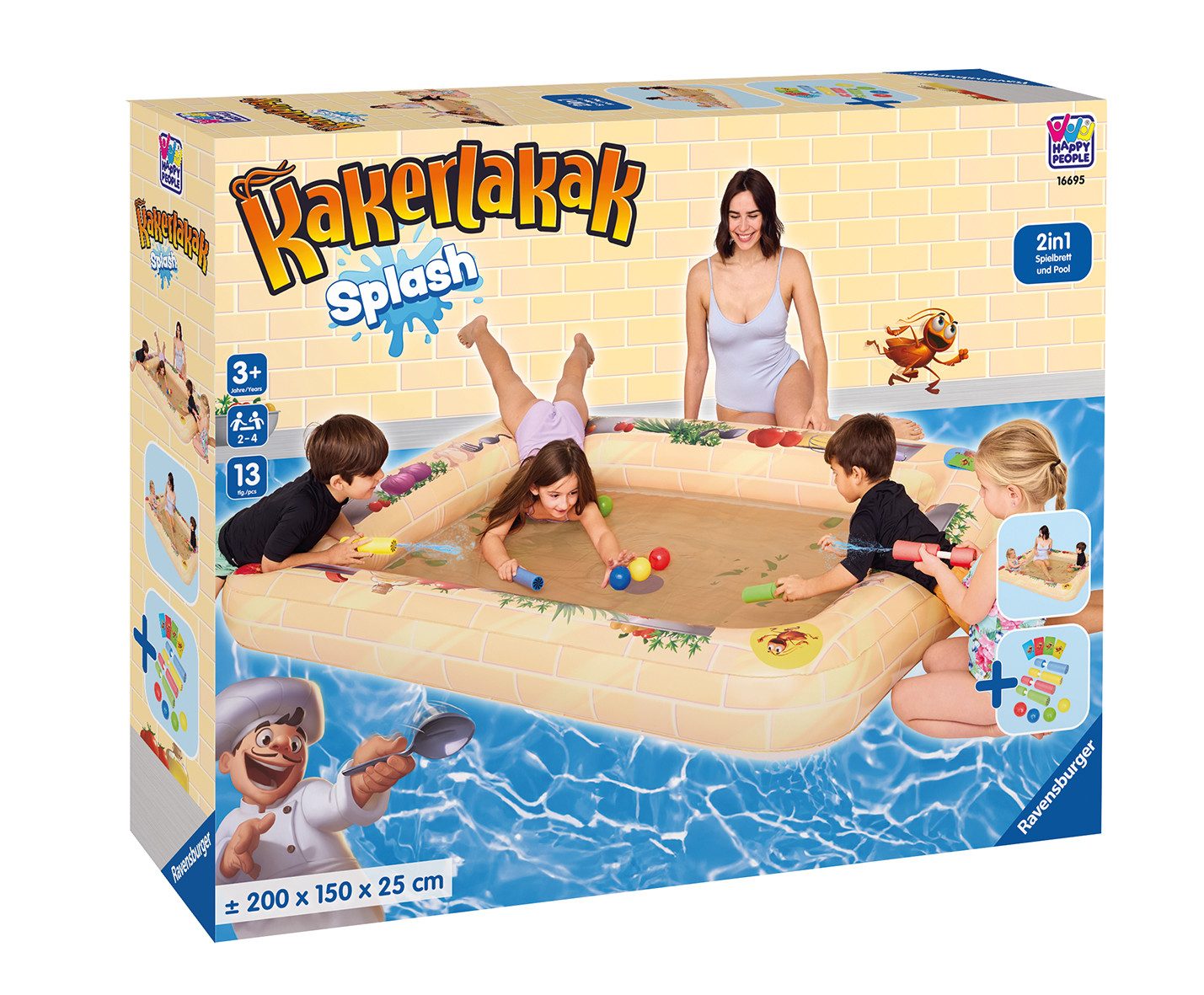 Happy People Spiel Ravensburger Wasserspiel Kakerlakak, Outdoorspiel, 2in1 Spielbrett und Pool