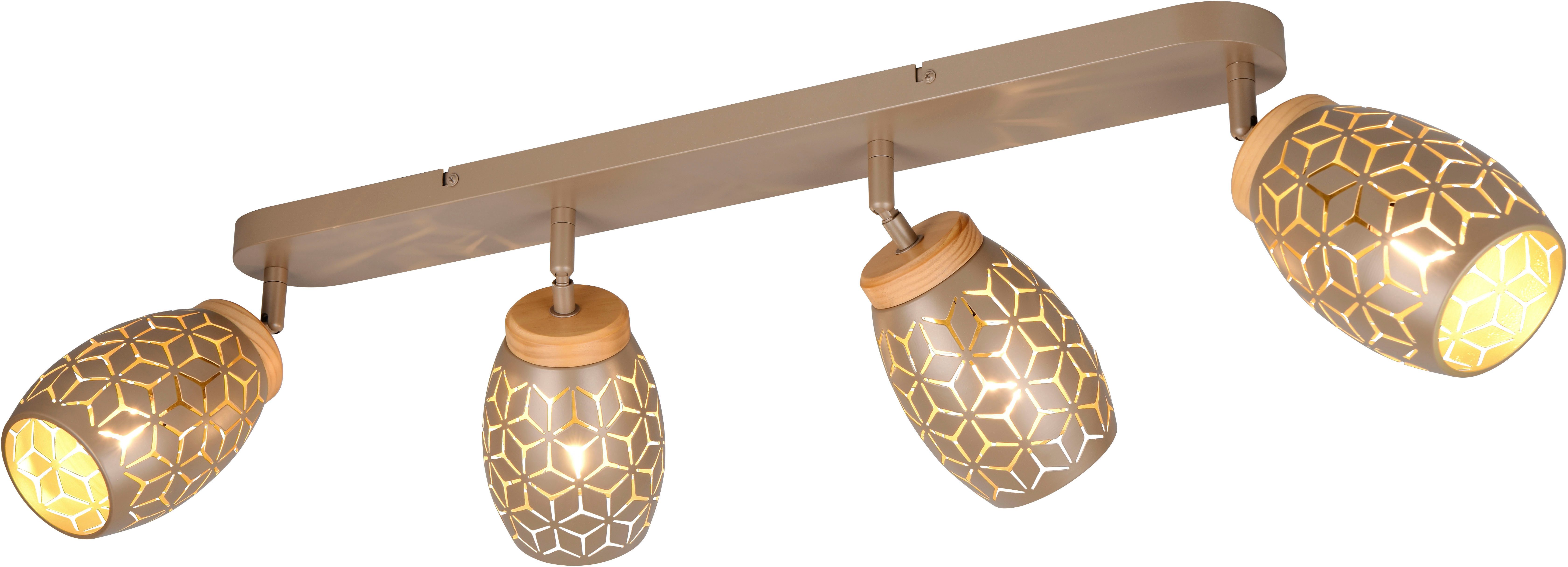 Reality Leuchten Deckenstrahler BIDAR 4-flammig, exkl 4x E14 max 10W, Deckenlampe Spots verstellbar, Leuchtmittel wechselbar, warmweiß - kaltweiß, Metall-Lampenschirm mit Lasercut Muster und Holz-Dekoelementen