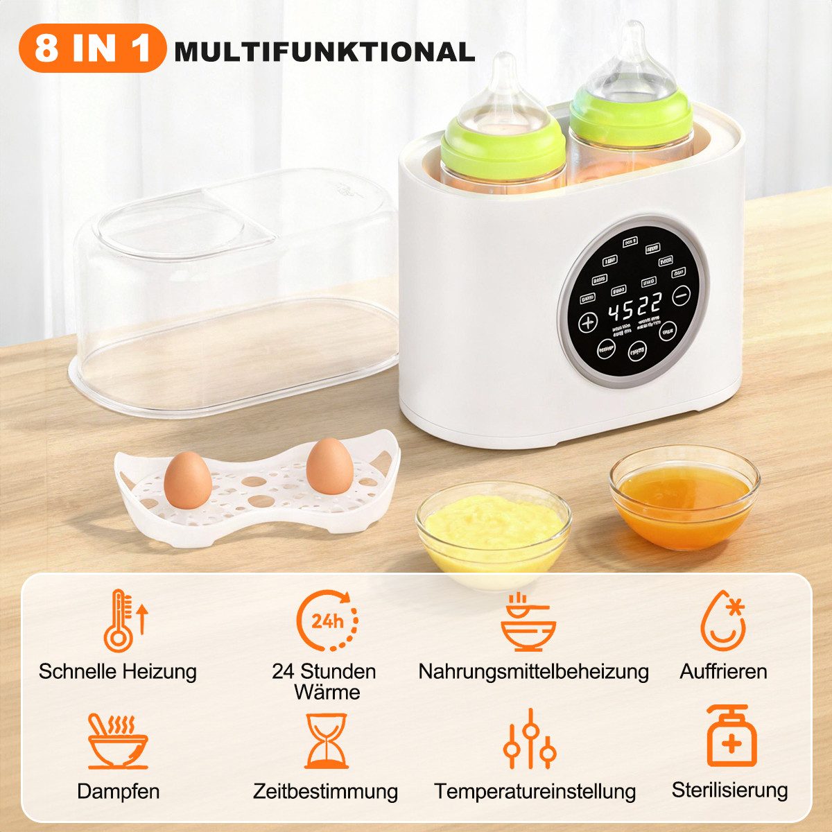 Novzep Babyflaschenwärmer Babyflaschenwärmer&Sterilisator,2 Flaschen,Auftauen,Erhitzen,Timer,LED, BPA-frei,100 °C Dampfst­erilisatio,Auftauen Warmhalten Babykostwärmer