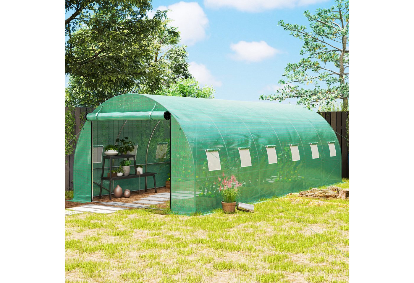 Outsunny Foliengewächshaus Tomatenhaus mit 12 Fenster verzinktem Stahl 170g/m² PE Pflanztunnel, BxTxH: 600 x 300 x 200 cm, BxLxH: 300 x 600 x 197 cm, Folientunnel 1-St., Gewächshaus, UV-beständig, mit Erdanker, Grün