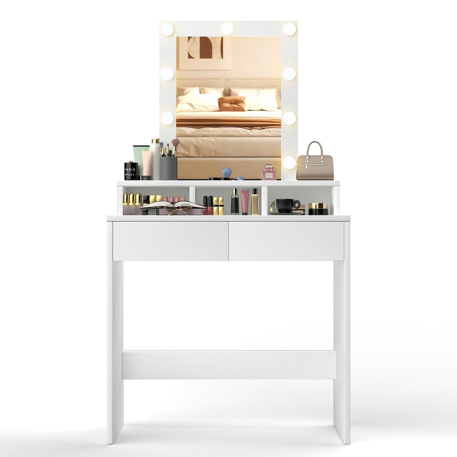 Schminktisch Kosmetiktisch mit Spiegel und LED-Beleuchtung, 2 Schubladen