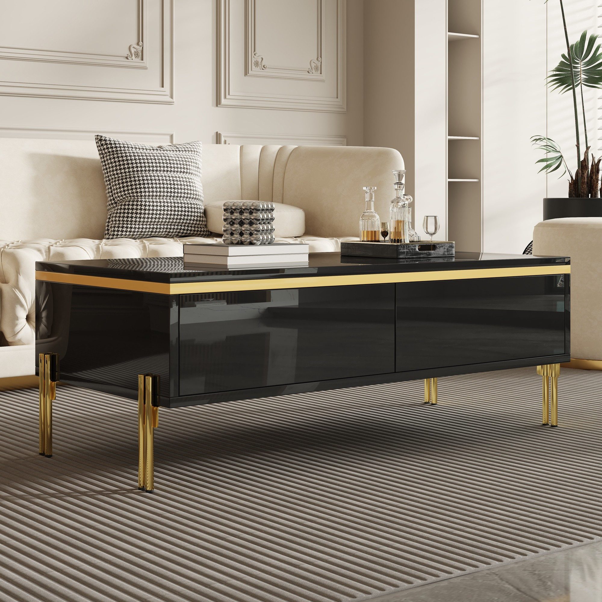 Merax Couchtisch hochglanz Sofatisch Beistelltisch mit goldenen Zierelementen (1-St), Wohnzimmertisch mit Doppelschubladen und Metallbeinen, 100x50x36cm