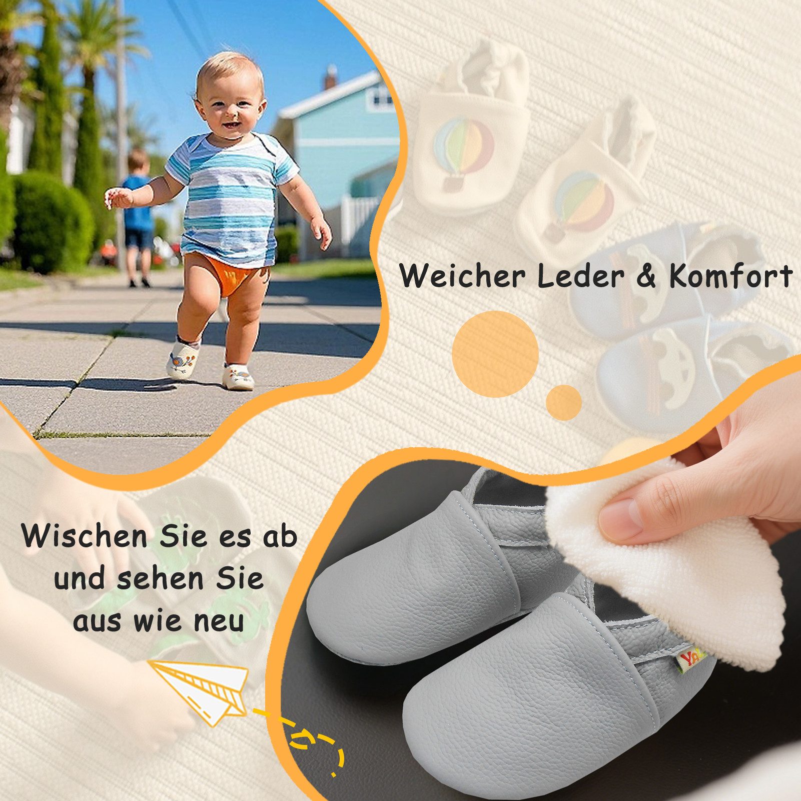 Yalion Yalion Leder Baby-Lauflernschuhe, weich, rutschfest, handgefertigt Krabbelschuh Baby Schuh aus echtem Leder,Barfußgefühl & rutschfester Sohle