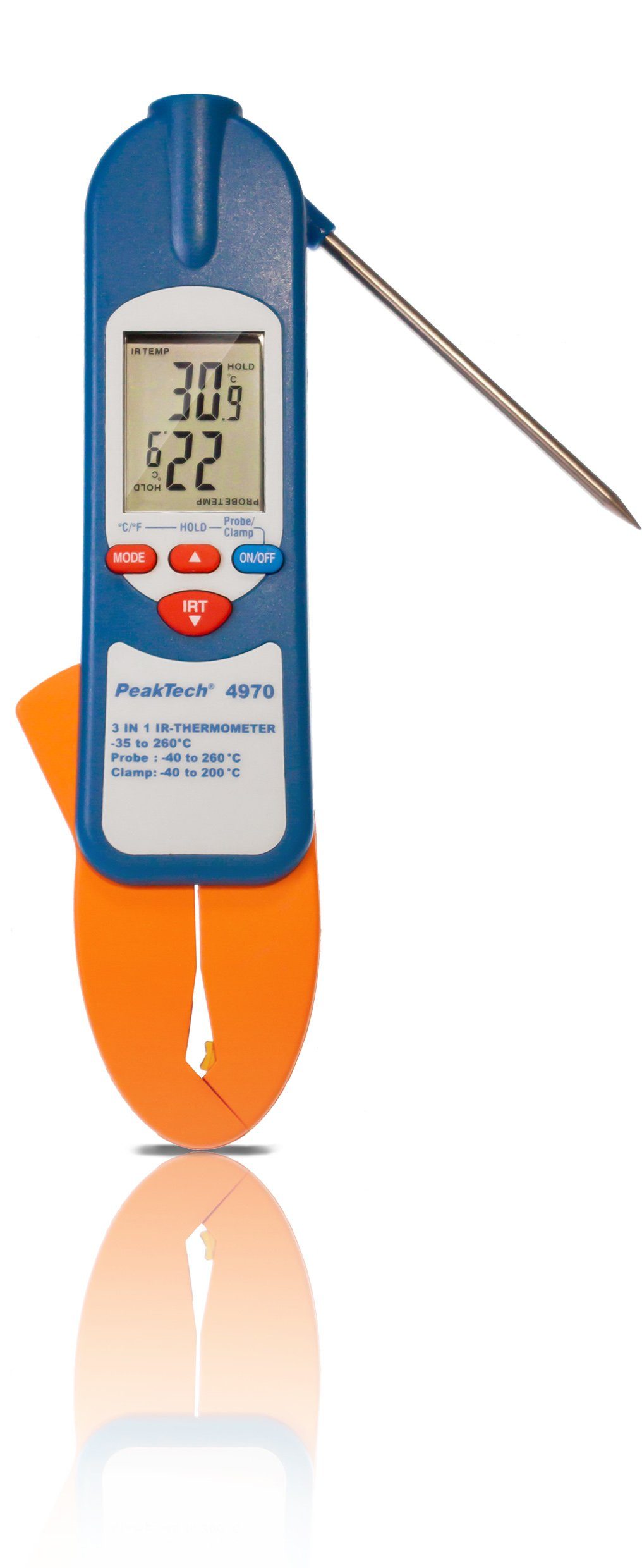 Thermodetektor PeakTech 4970: IR-Thermometer -35 bis +260°C ~ Stechfühler, Messzange
