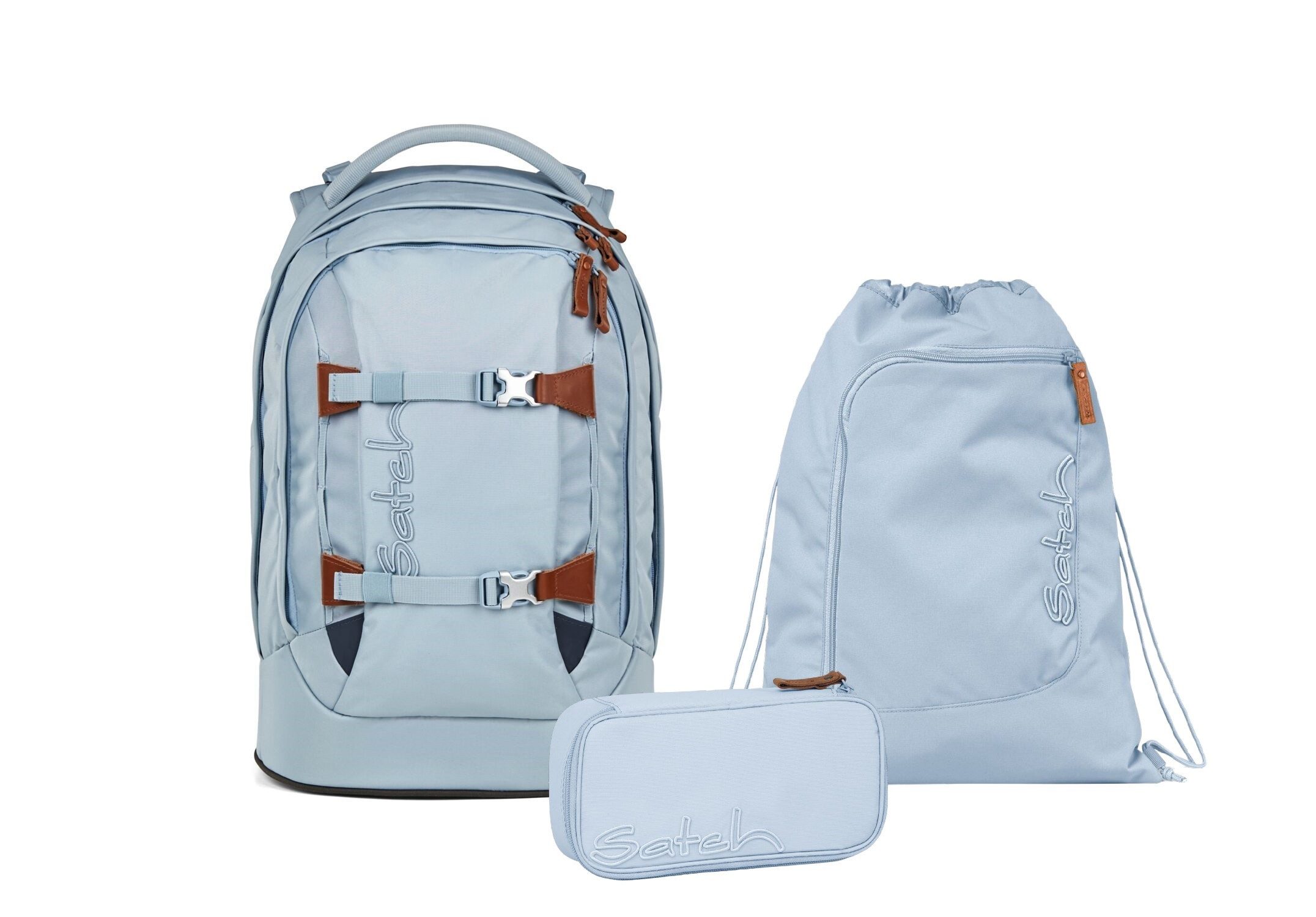 Satch Schulranzen Schulrucksack-Set PACK Nordic Ice Blue 3-teilig (3-teilig), ergonomisch, Your-Size-System: auf Körpergröße anpassbar