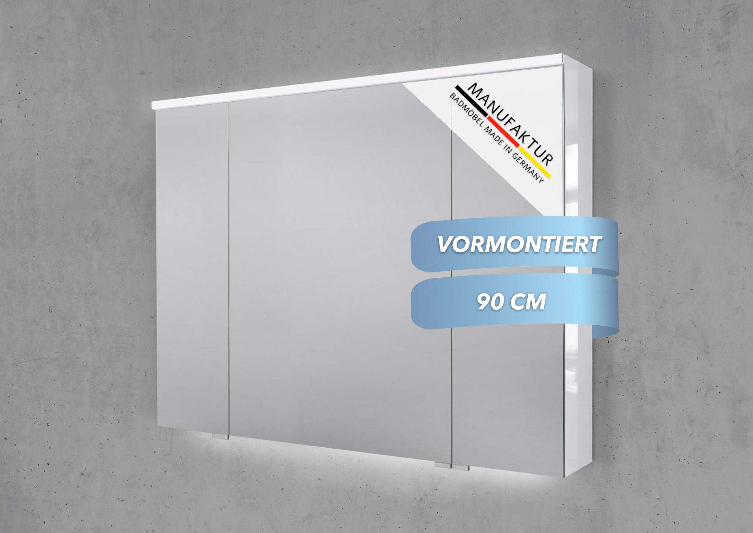 Intarbad Badezimmerspiegelschrank 3-türiger Spiegelschrank mit MULTI LED Beleuchtung, stufenlos dimmbar (Doppelspiegeltüren, Holz-/ Lackdekore, Maße von 90 bis 180 cm wählbar, Höhe 71,8 cm, Glasfachböden, Magnetleiste & Kosmetikspiegel Ø 12 cm) Vormontier